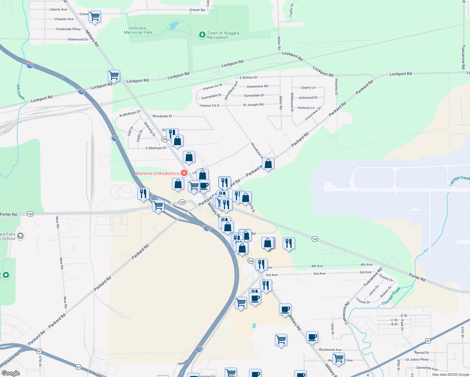map of restaurants, bars, coffee shops, grocery stores, and more near 7201 Packard Road in Niagara Falls