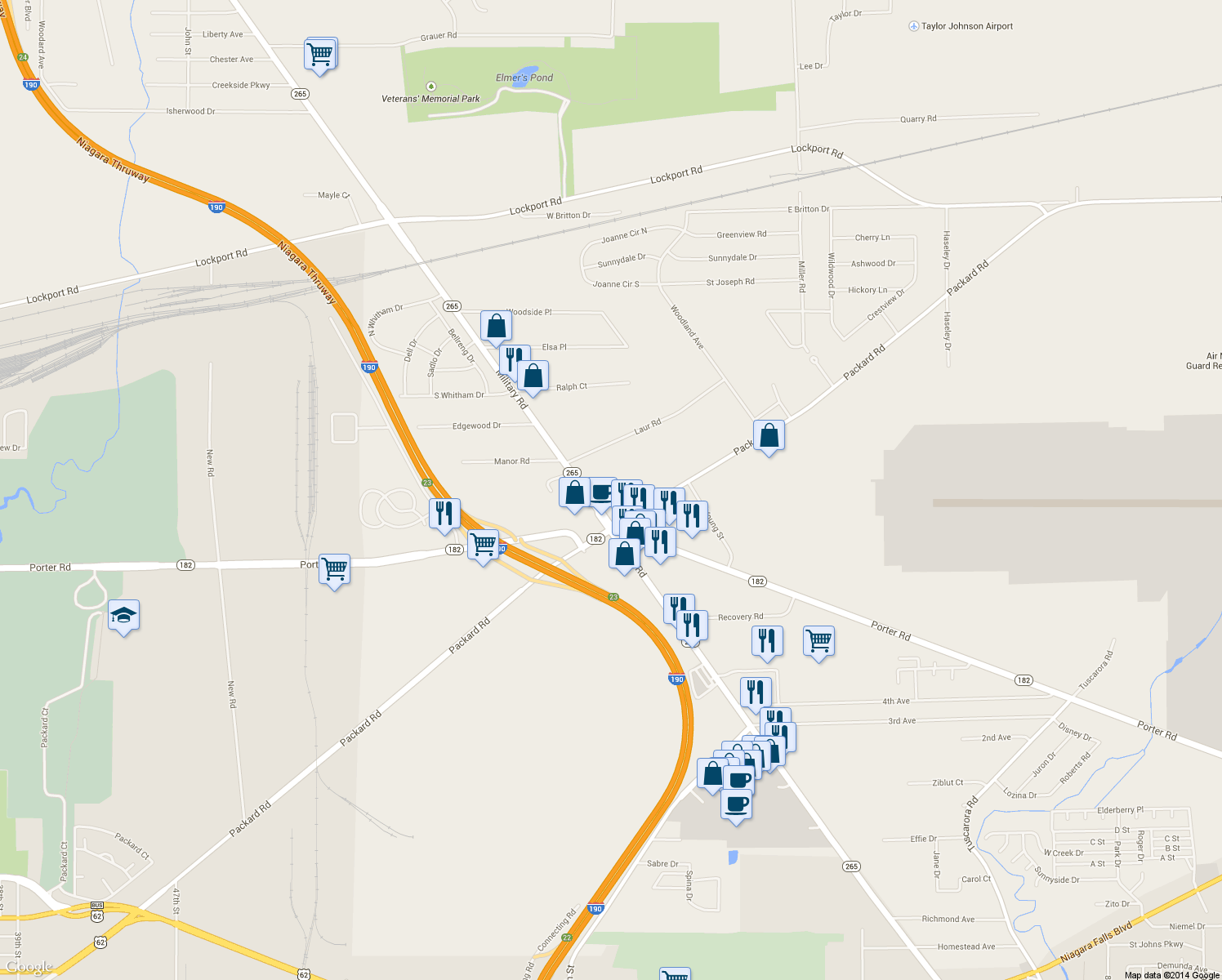 map of restaurants, bars, coffee shops, grocery stores, and more near 2749 Military Rd in Niagara Falls