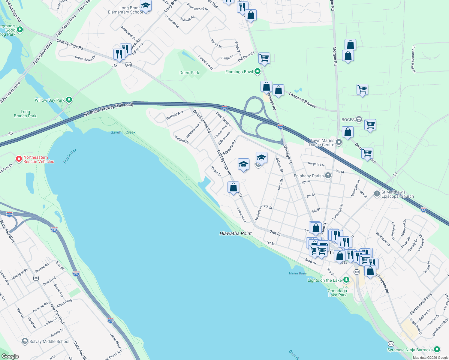 map of restaurants, bars, coffee shops, grocery stores, and more near 105 Sun Harbor Dr in Liverpool