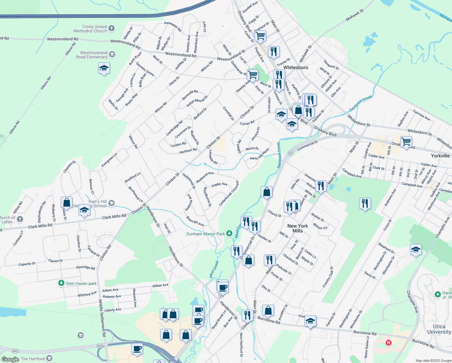 map of restaurants, bars, coffee shops, grocery stores, and more near 21 Poplar Ave in Whitesboro