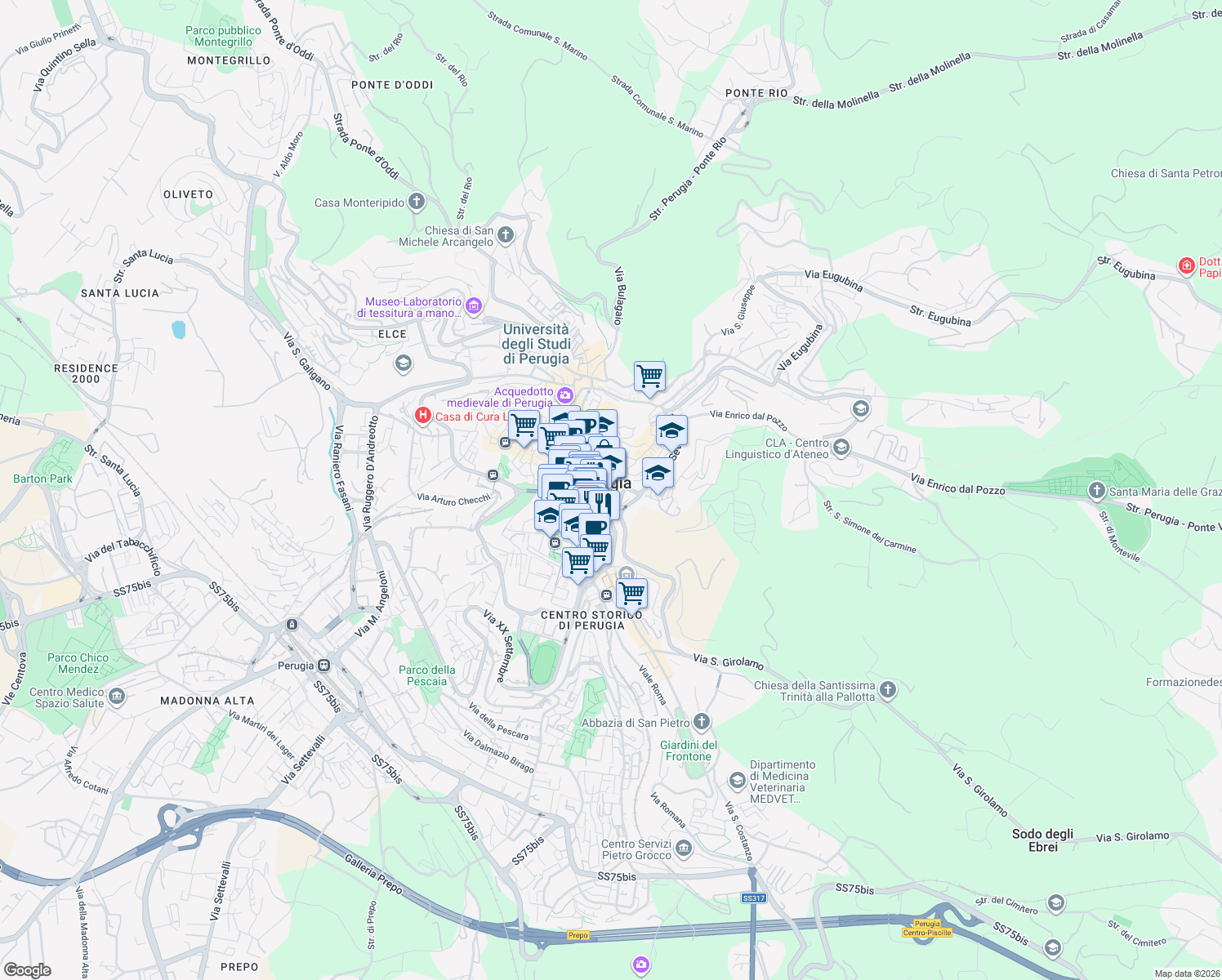 map of restaurants, bars, coffee shops, grocery stores, and more near in Perugia