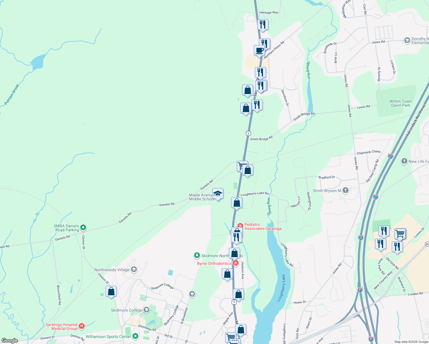 map of restaurants, bars, coffee shops, grocery stores, and more near 27 Daniels Road in Saratoga Springs