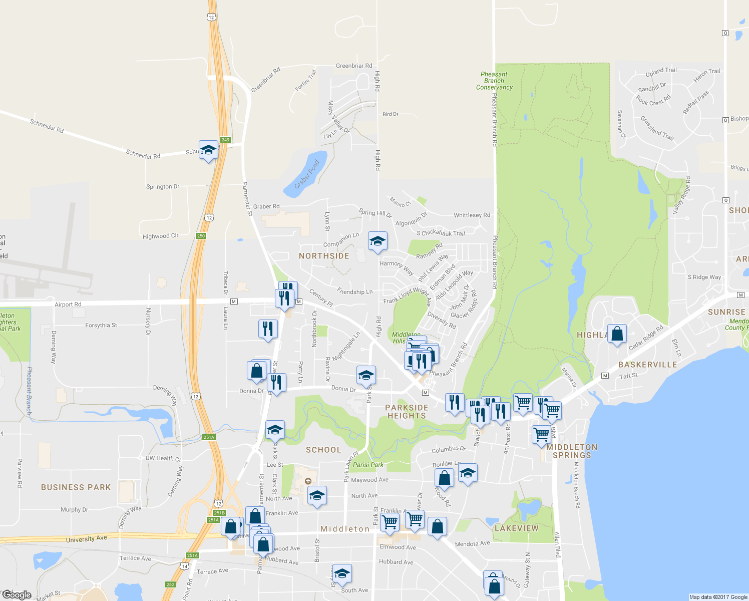 map of restaurants, bars, coffee shops, grocery stores, and more near 3336 High Rd in Middleton