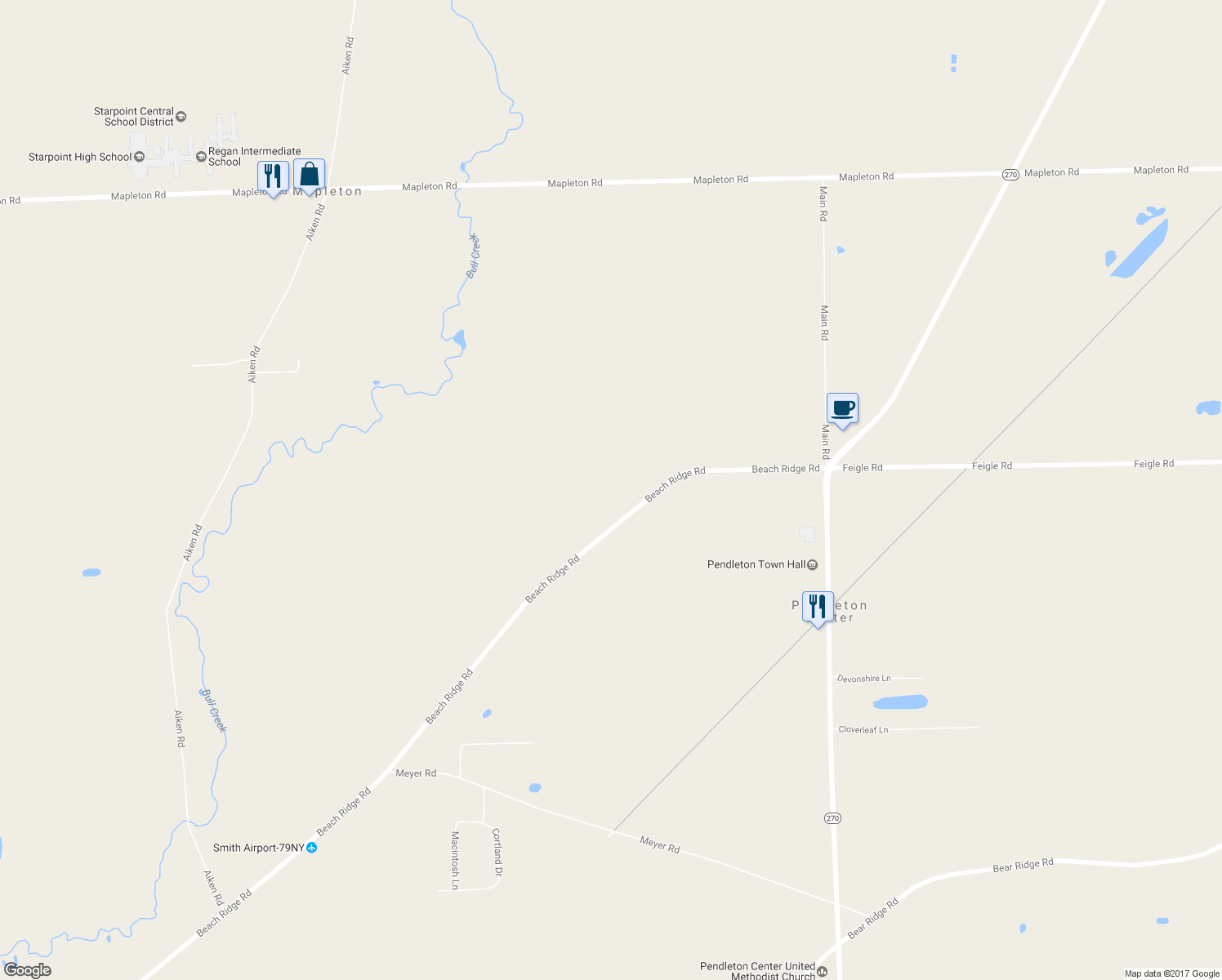 map of restaurants, bars, coffee shops, grocery stores, and more near 4785 Beach Ridge Road in Lockport