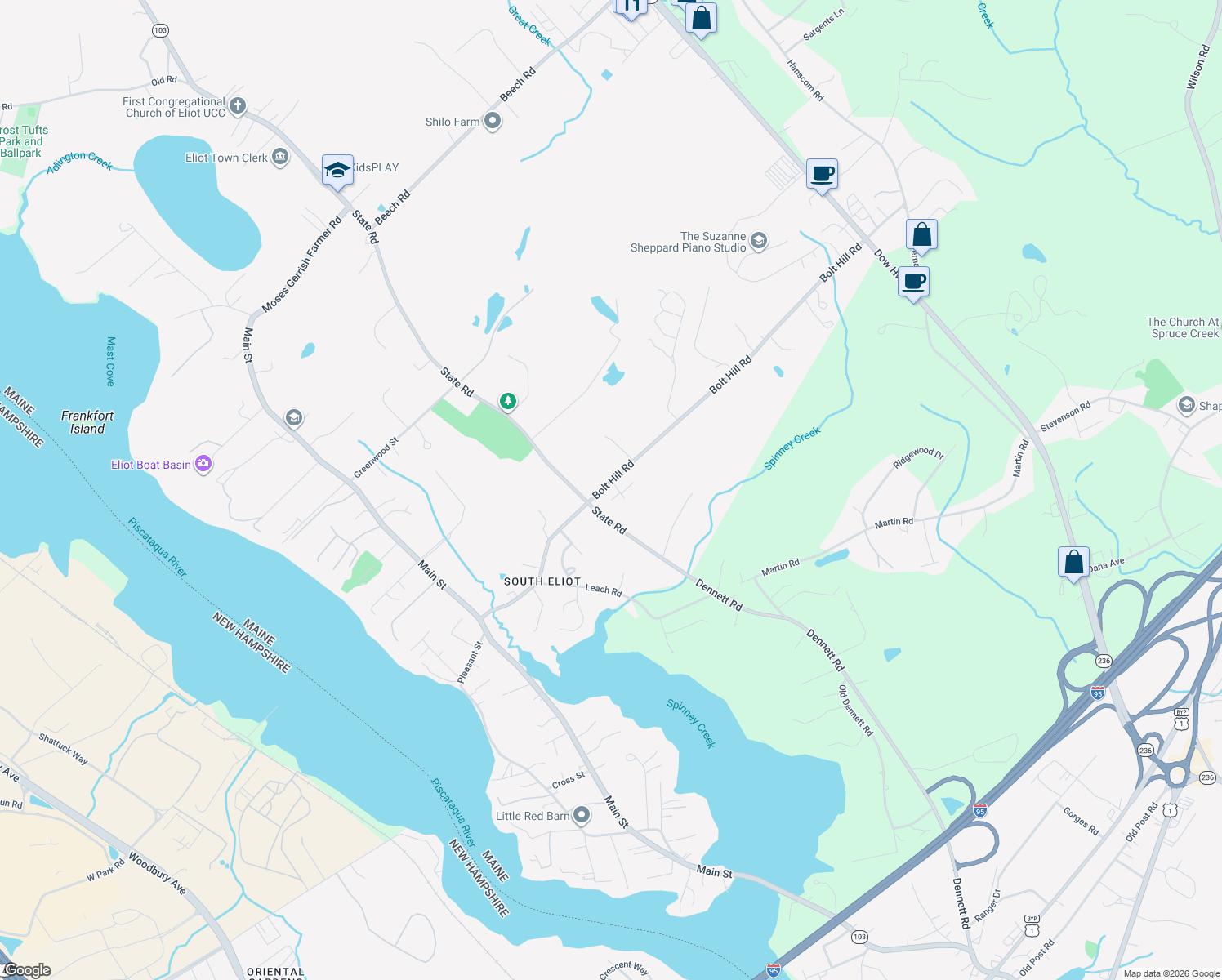 map of restaurants, bars, coffee shops, grocery stores, and more near 206 Bolt Hill Road in Eliot