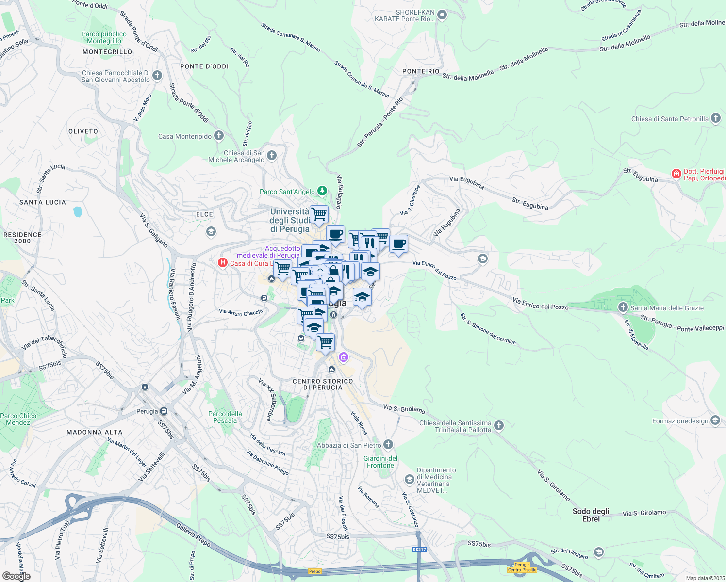 map of restaurants, bars, coffee shops, grocery stores, and more near 37 Via Abruzzo in Perugia