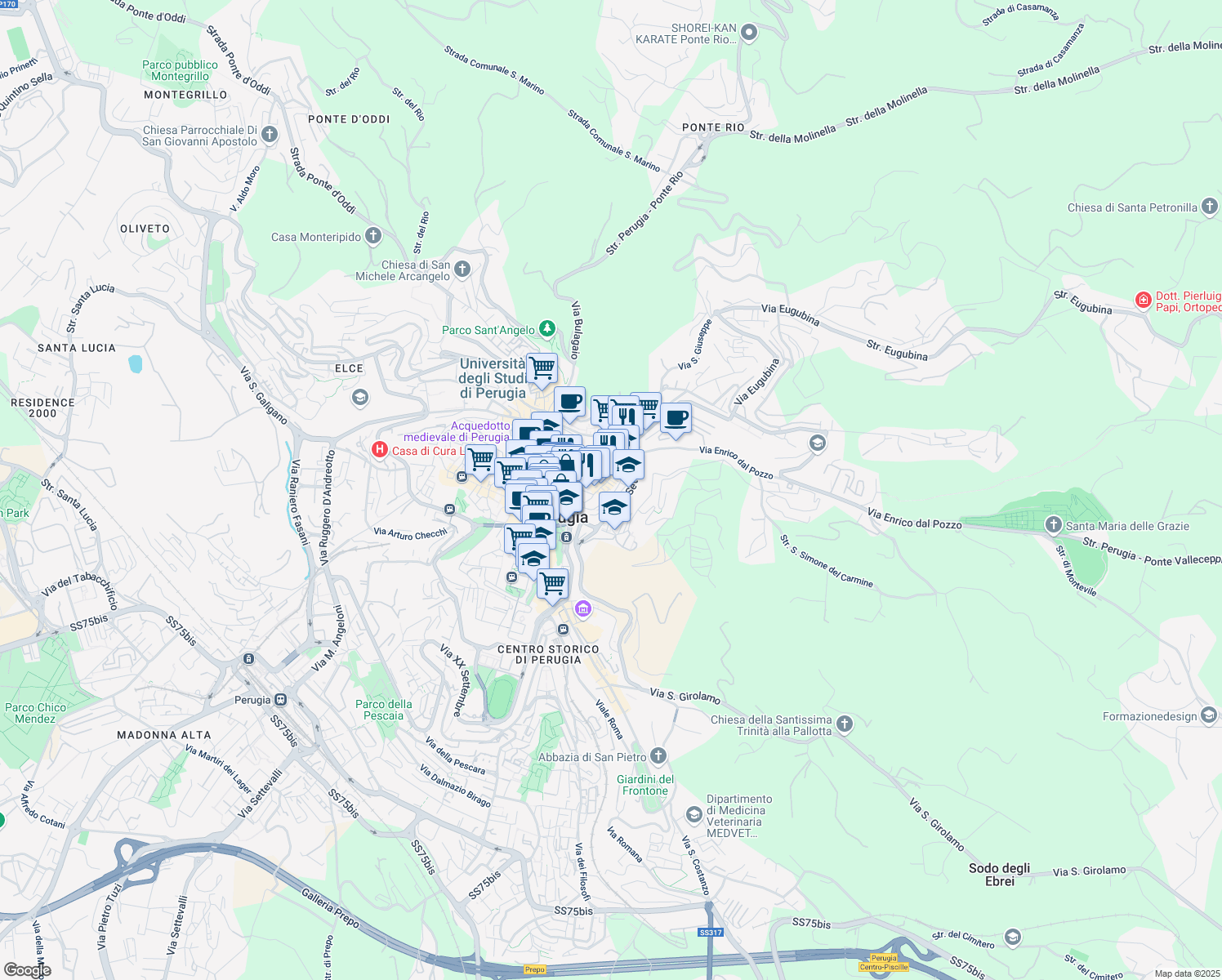 map of restaurants, bars, coffee shops, grocery stores, and more near 23-37 Via Abruzzo in Perugia