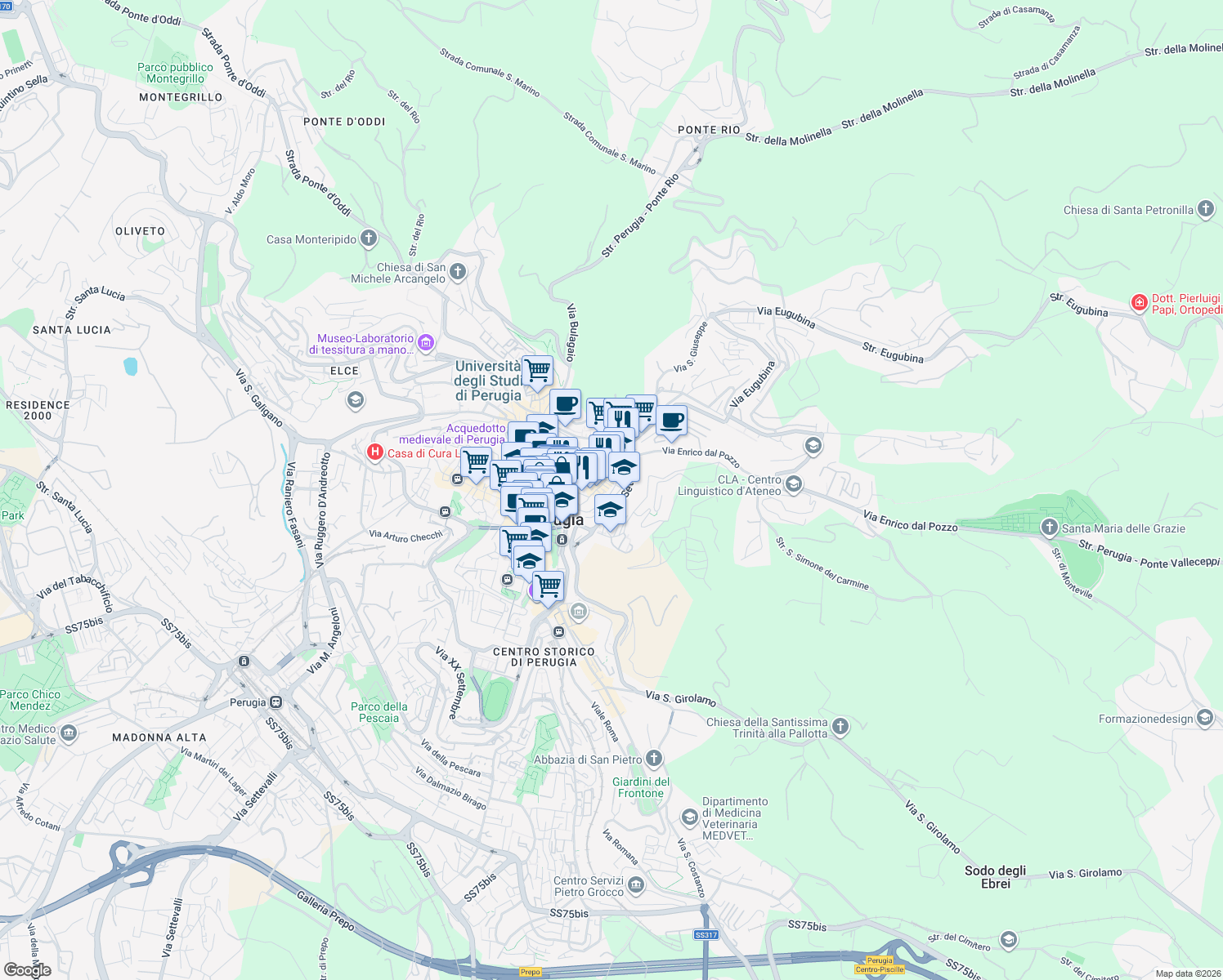 map of restaurants, bars, coffee shops, grocery stores, and more near 23-37 Via Abruzzo in Perugia