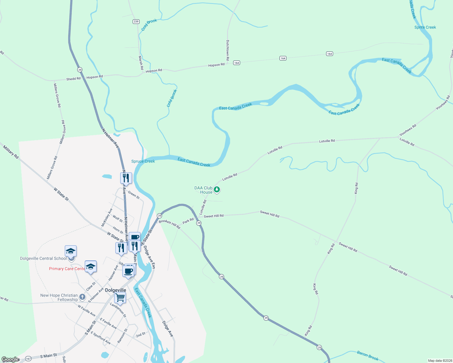 map of restaurants, bars, coffee shops, grocery stores, and more near 174 Lotville Road in Dolgeville