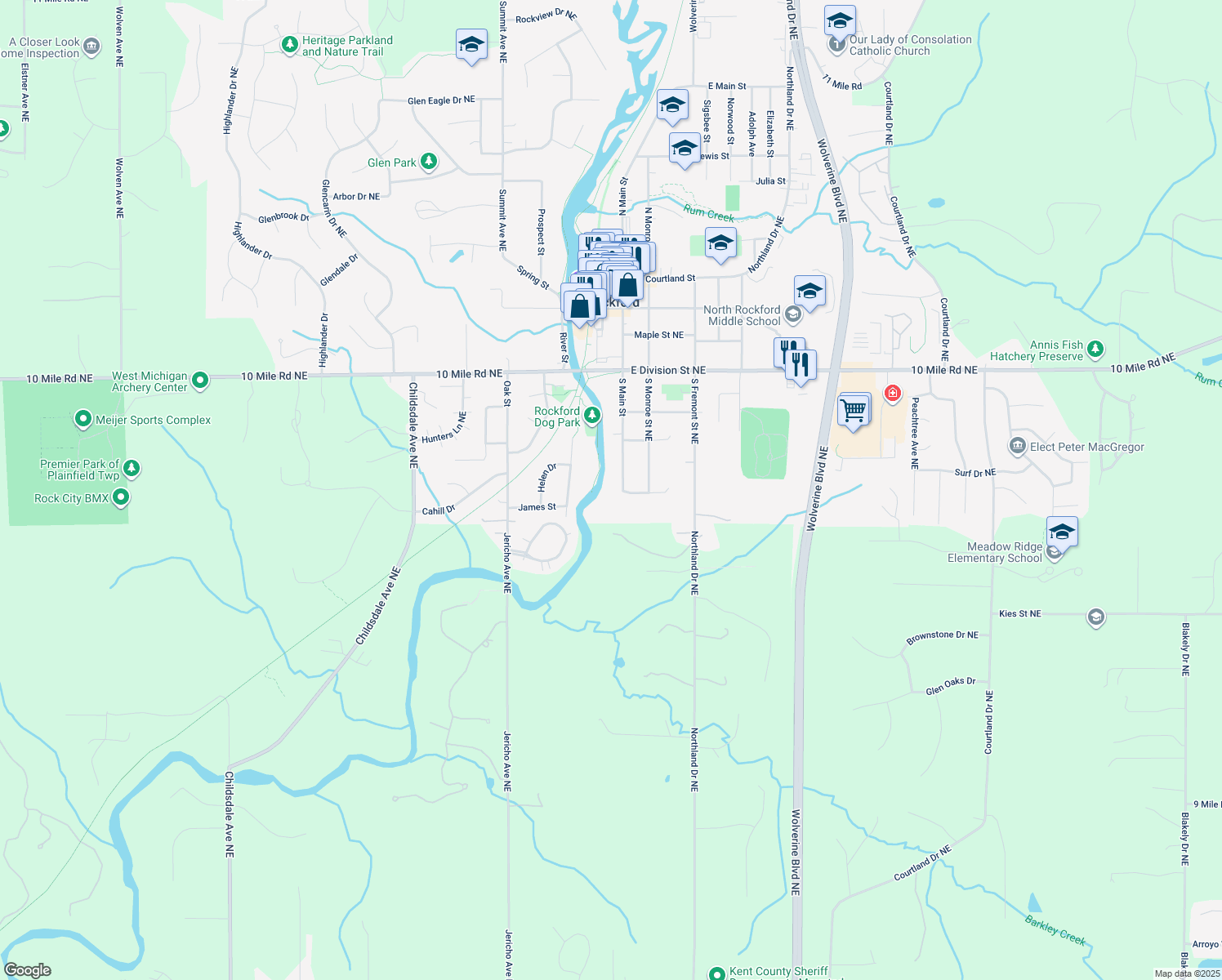 map of restaurants, bars, coffee shops, grocery stores, and more near 265 S Main St in Rockford