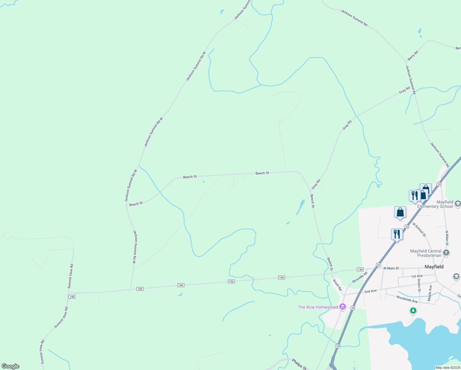 map of restaurants, bars, coffee shops, grocery stores, and more near 123 Kelley Road in Mayfield