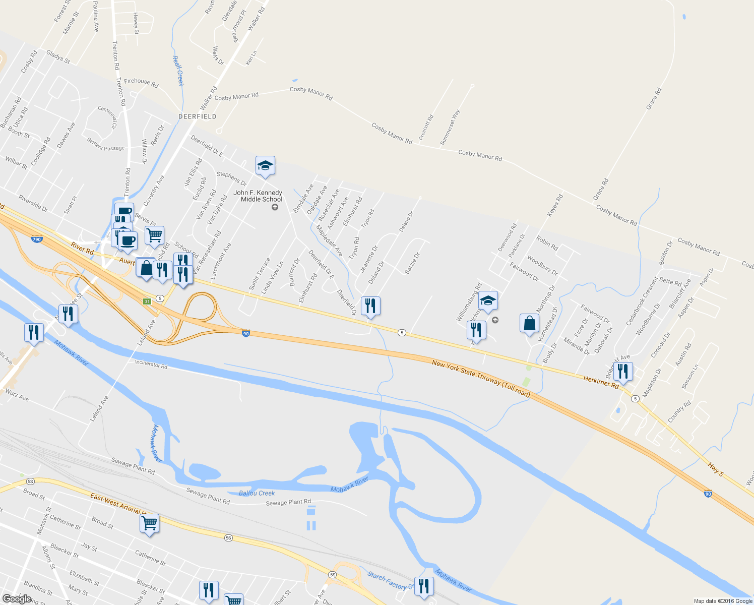 map of restaurants, bars, coffee shops, grocery stores, and more near 410 Lee Blvd in Utica