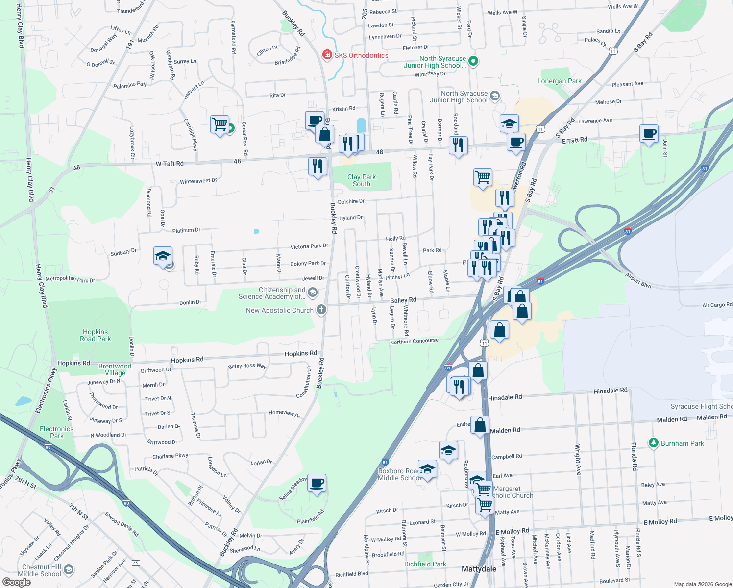 map of restaurants, bars, coffee shops, grocery stores, and more near 103 Hyland Dr in Syracuse