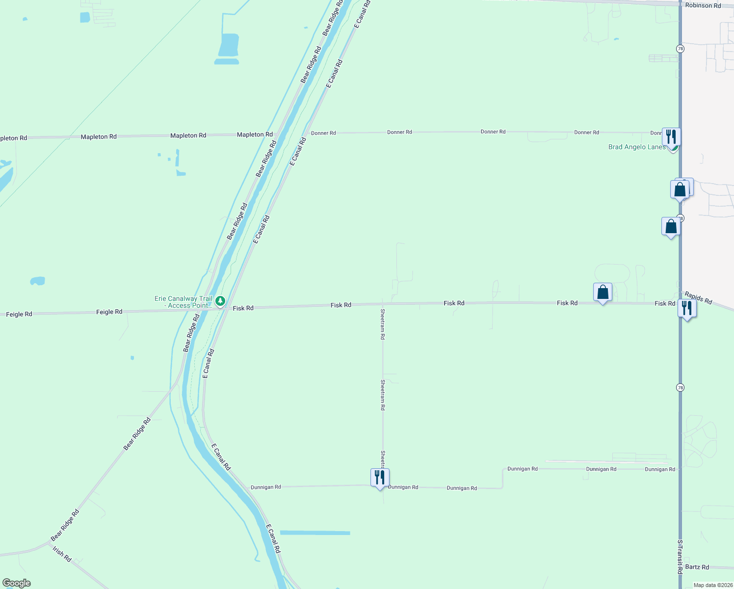 map of restaurants, bars, coffee shops, grocery stores, and more near 5773 Fisk Road in Lockport