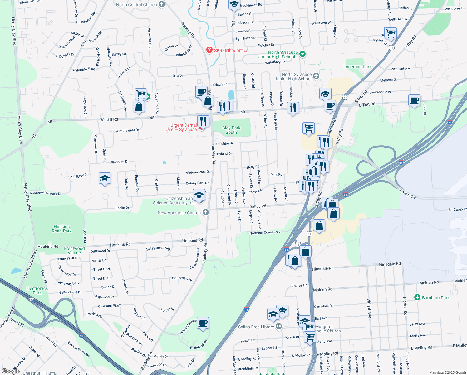 map of restaurants, bars, coffee shops, grocery stores, and more near 205 Hyland Dr in Syracuse