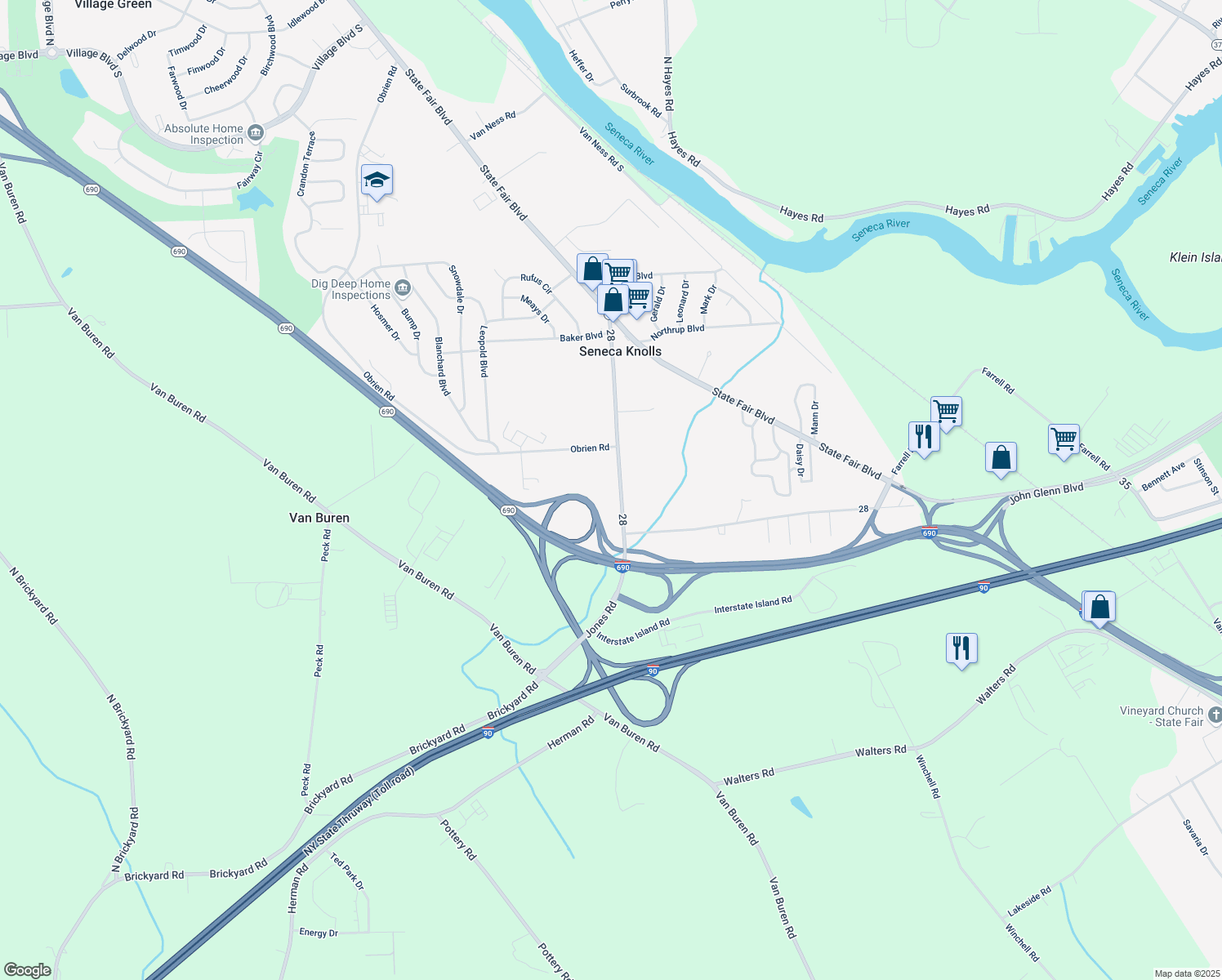 map of restaurants, bars, coffee shops, grocery stores, and more near 7115 Jones Rd in Syracuse
