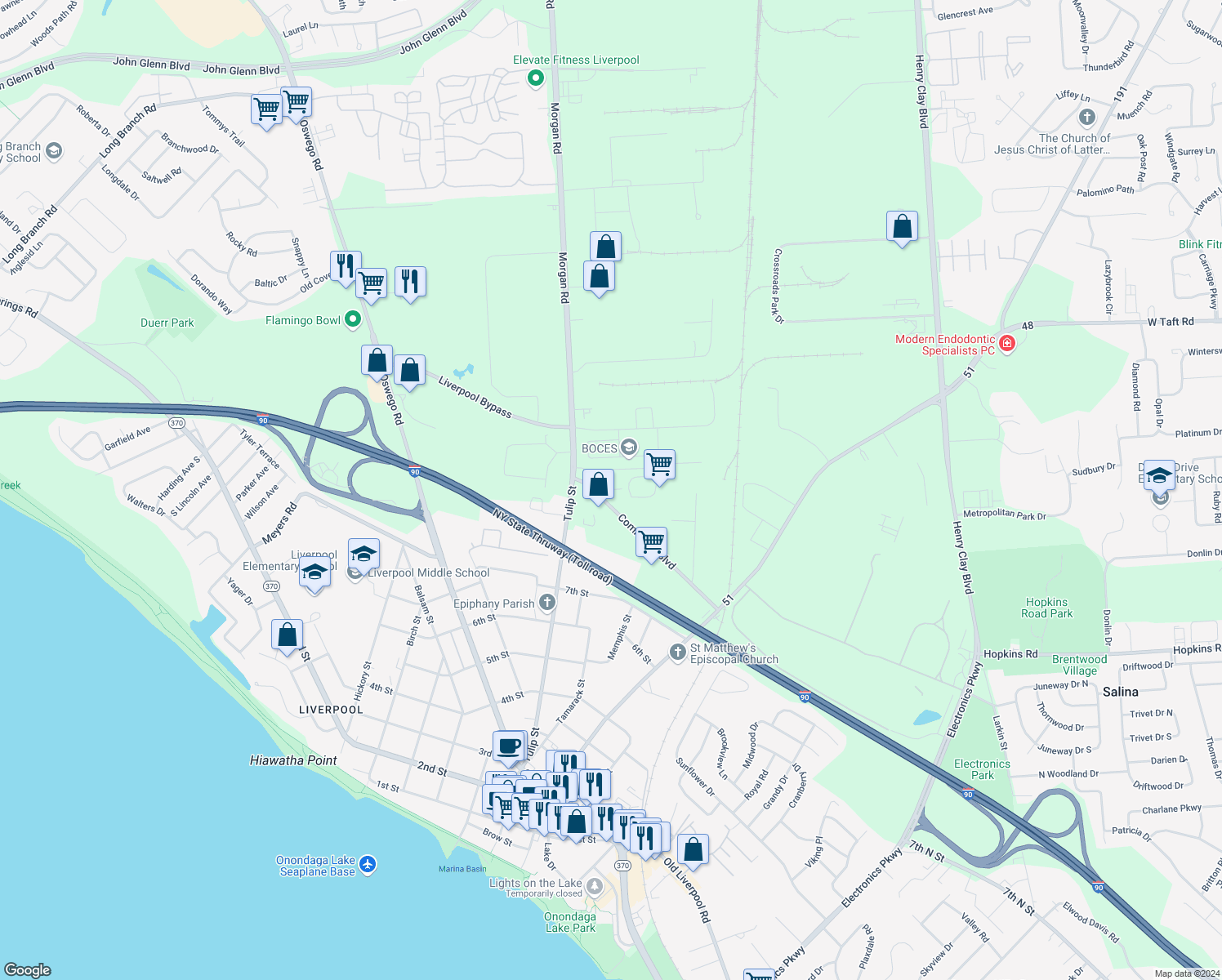 map of restaurants, bars, coffee shops, grocery stores, and more near Office Park Drive in Liverpool