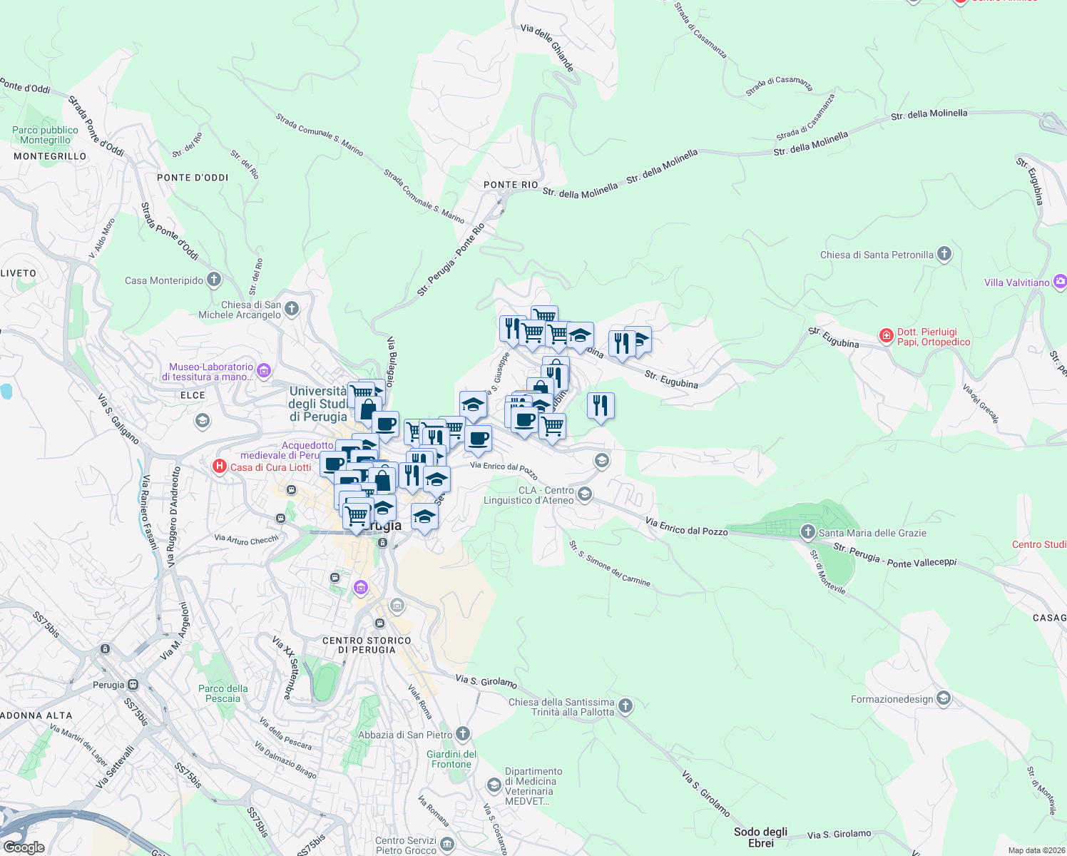 map of restaurants, bars, coffee shops, grocery stores, and more near 11 Via Eugubina in Perugia