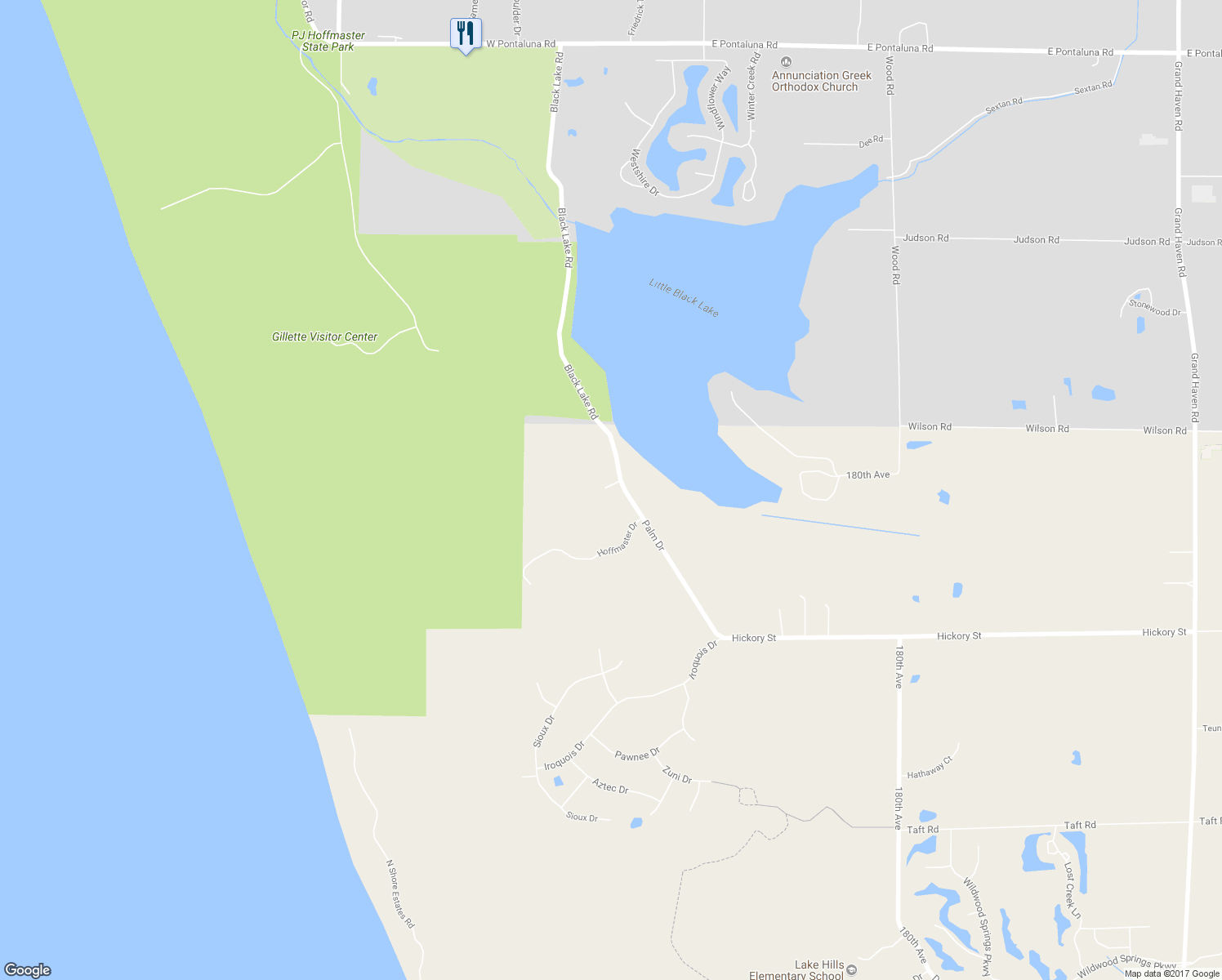map of restaurants, bars, coffee shops, grocery stores, and more near 19155 Palm Drive in Spring Lake