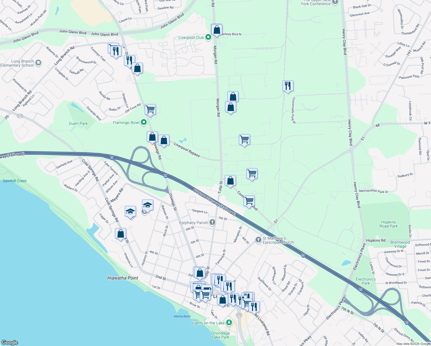 map of restaurants, bars, coffee shops, grocery stores, and more near 1 Donald Pl in Liverpool