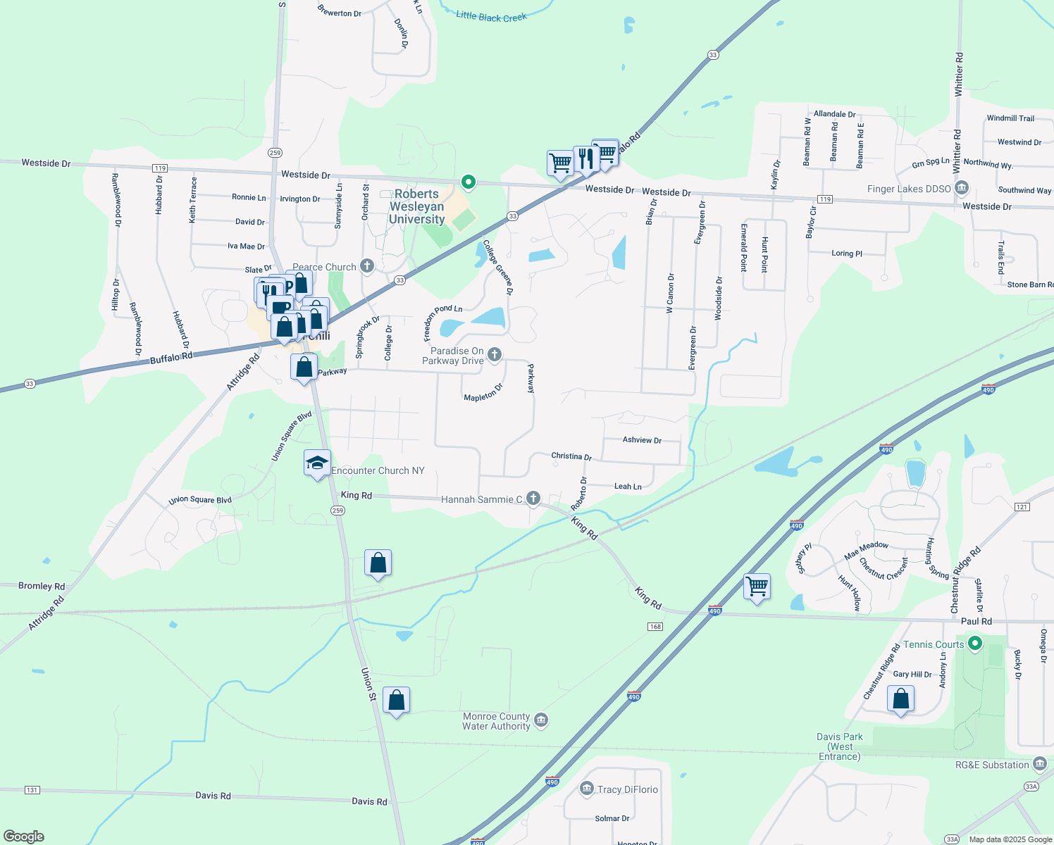 map of restaurants, bars, coffee shops, grocery stores, and more near 134 Parkway Drive in North Chili