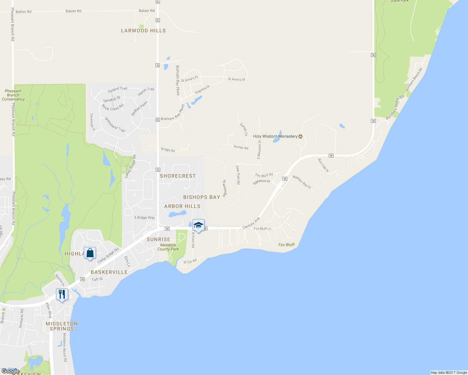 map of restaurants, bars, coffee shops, grocery stores, and more near 3610 Deer Path Road in Middleton