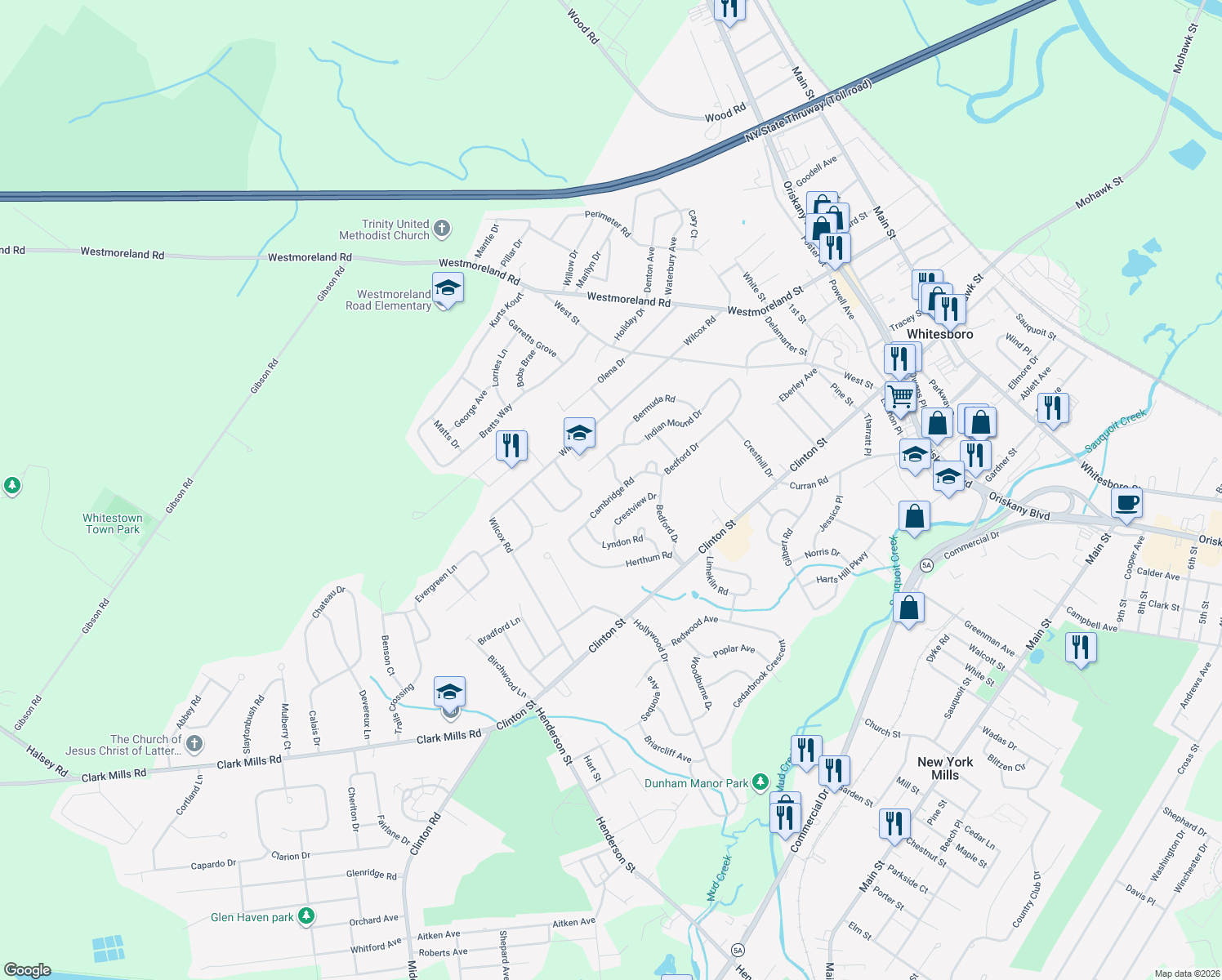 map of restaurants, bars, coffee shops, grocery stores, and more near 46 Cambridge Rd in Whitesboro