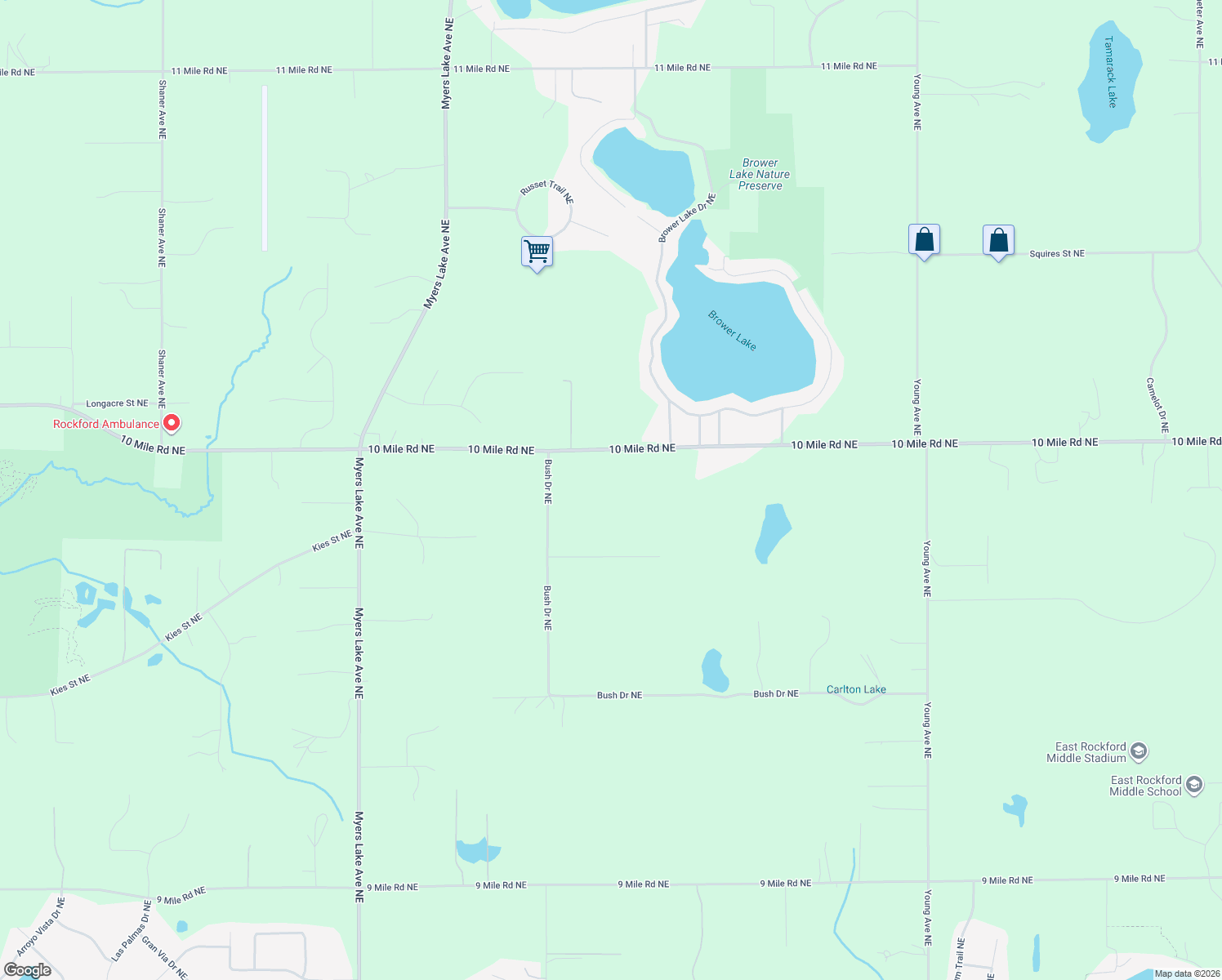 map of restaurants, bars, coffee shops, grocery stores, and more near 7362 10 Mile Rd NE in Rockford
