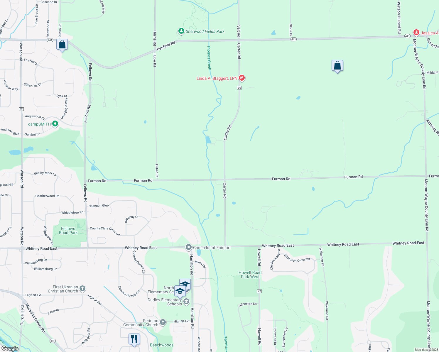 map of restaurants, bars, coffee shops, grocery stores, and more near 426 Furman Road in Fairport