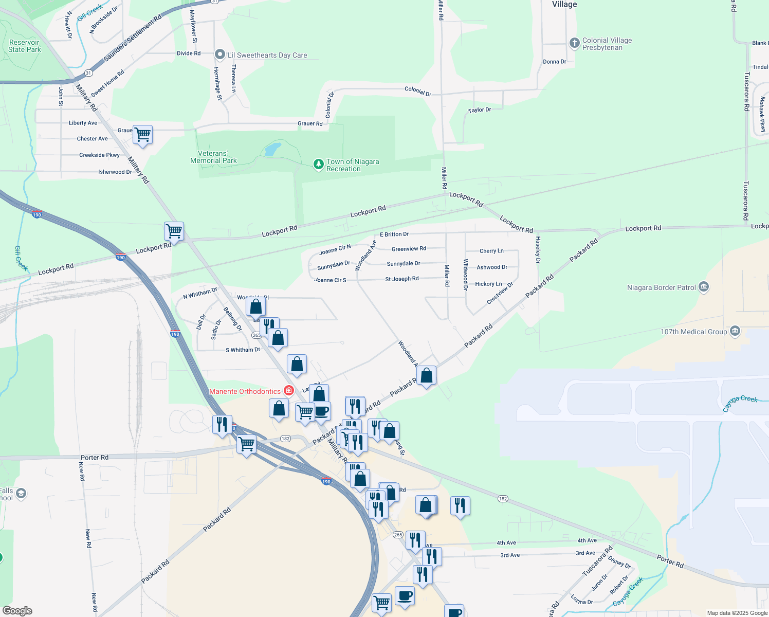 map of restaurants, bars, coffee shops, grocery stores, and more near 3221 Woodland Ave in Niagara Falls