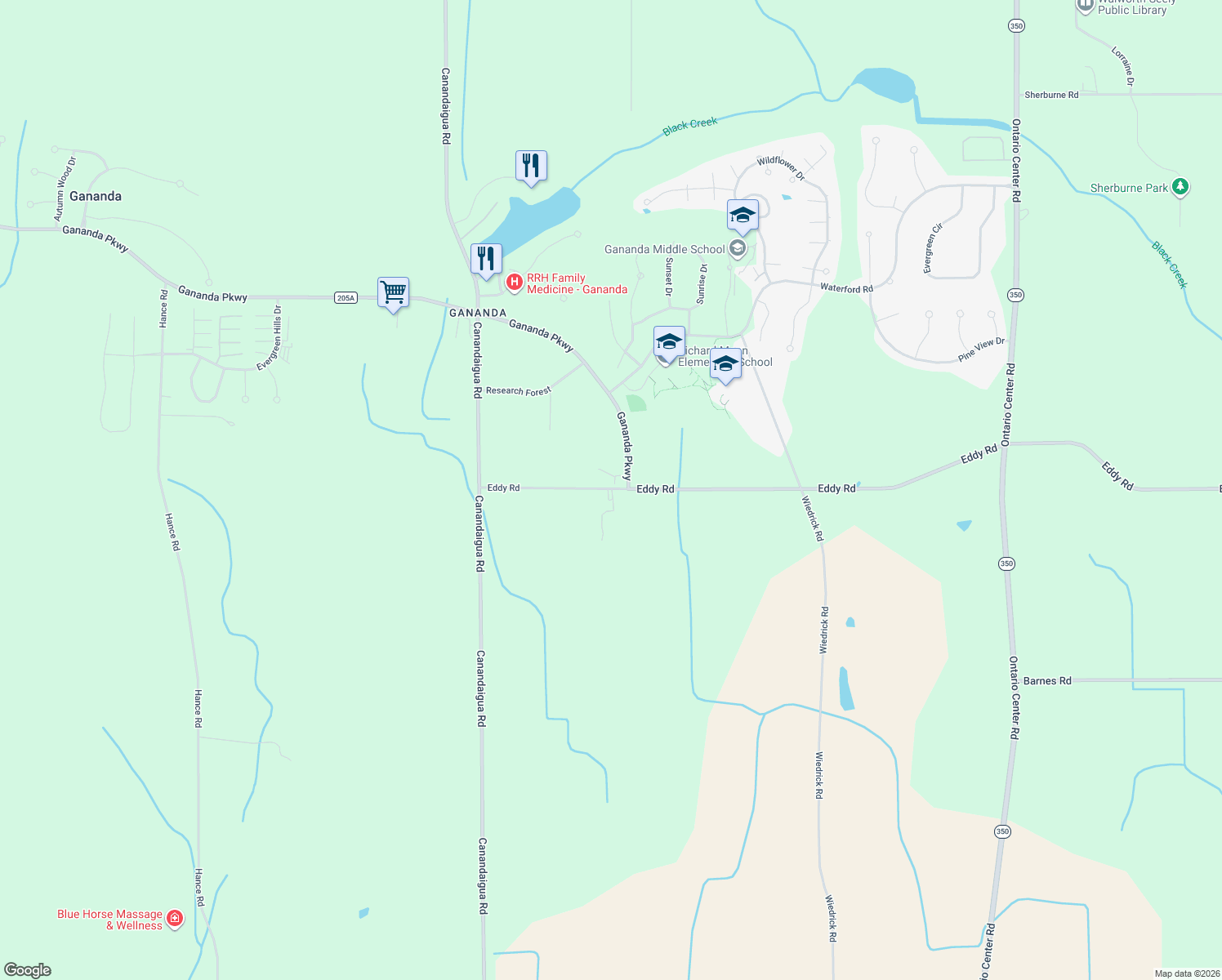 map of restaurants, bars, coffee shops, grocery stores, and more near 1342 Eddy Road in Macedon