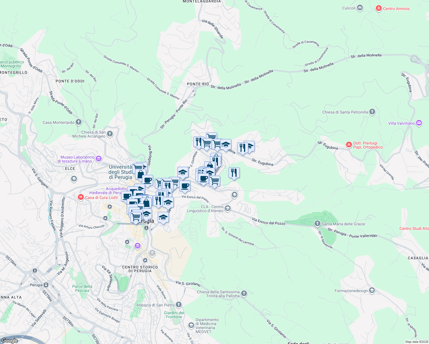 map of restaurants, bars, coffee shops, grocery stores, and more near 11 Via Eugubina in Perugia
