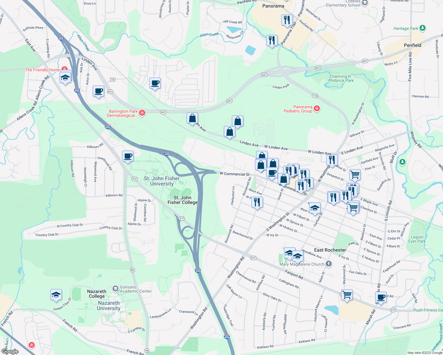 map of restaurants, bars, coffee shops, grocery stores, and more near 50 Harwood Lane in East Rochester