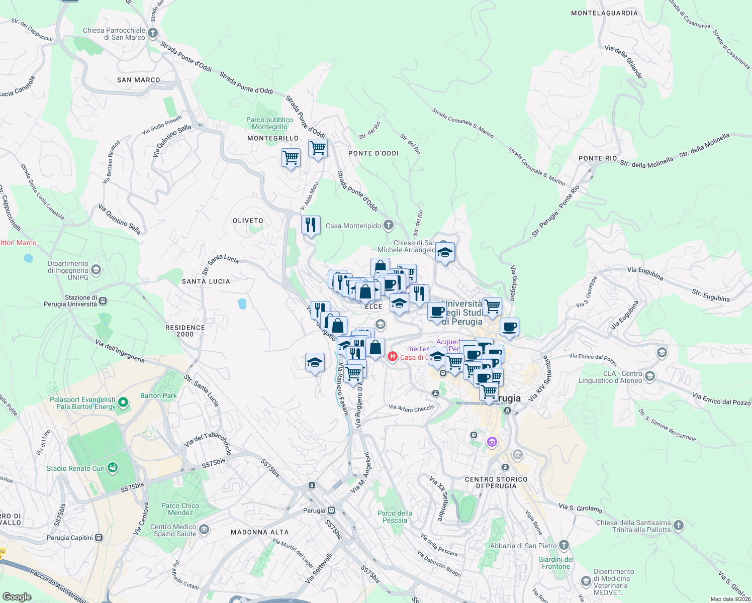 map of restaurants, bars, coffee shops, grocery stores, and more near 22-32 Via Degli Olivi in Perugia