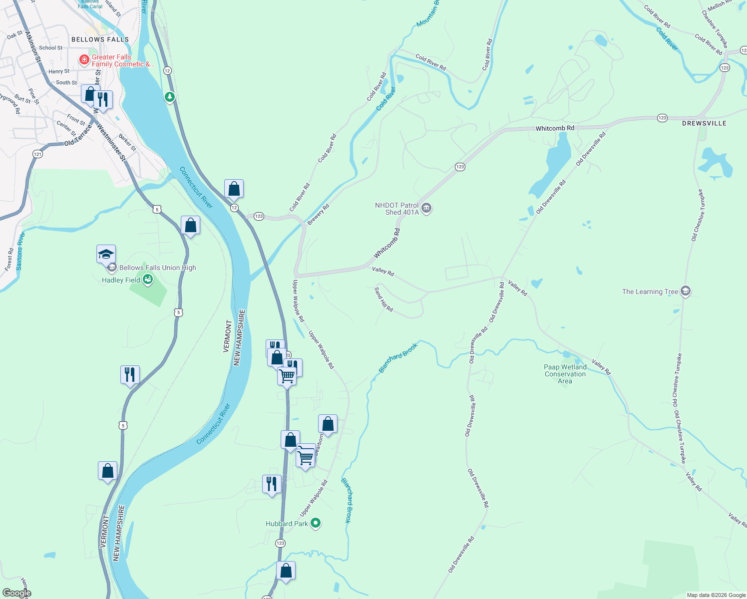 map of restaurants, bars, coffee shops, grocery stores, and more near 63 Sand Hill Road in Walpole