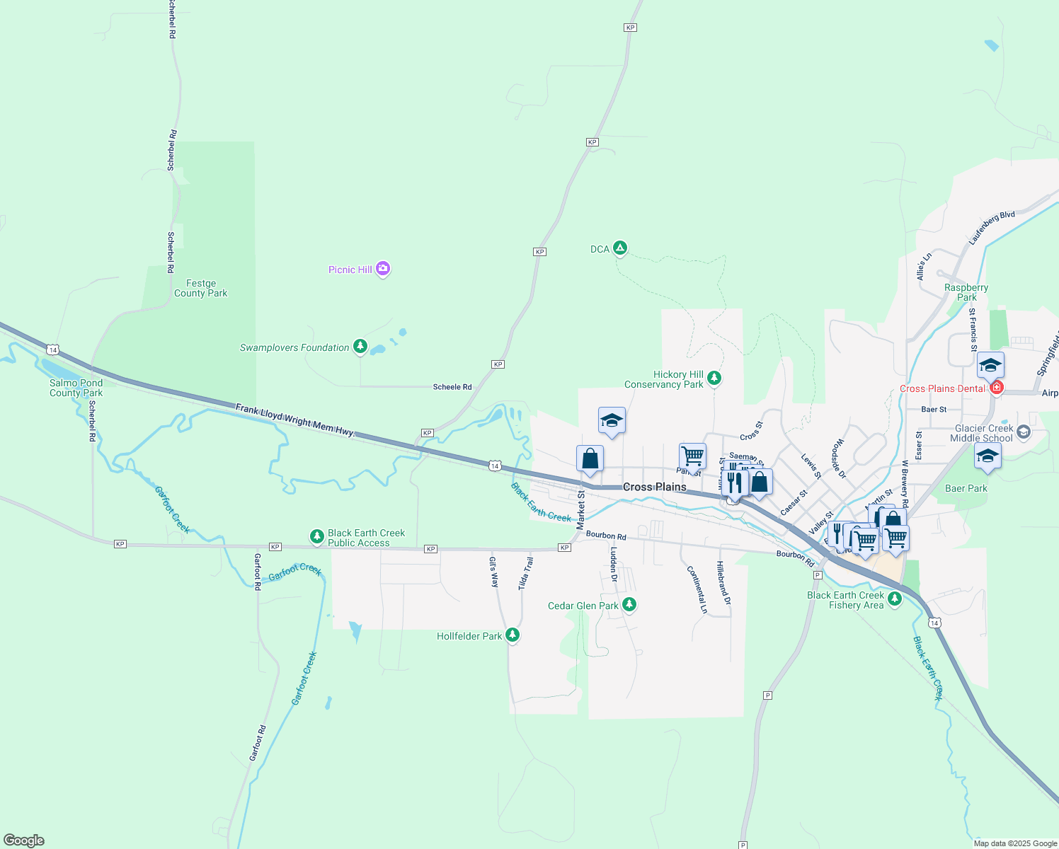 map of restaurants, bars, coffee shops, grocery stores, and more near 8749 Sherwood Forest Lane in Cross Plains