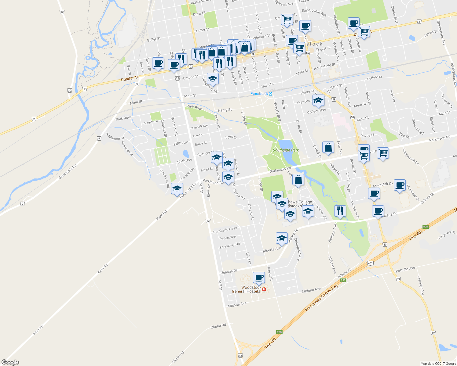 map of restaurants, bars, coffee shops, grocery stores, and more near 348 Parkinson Road in Woodstock