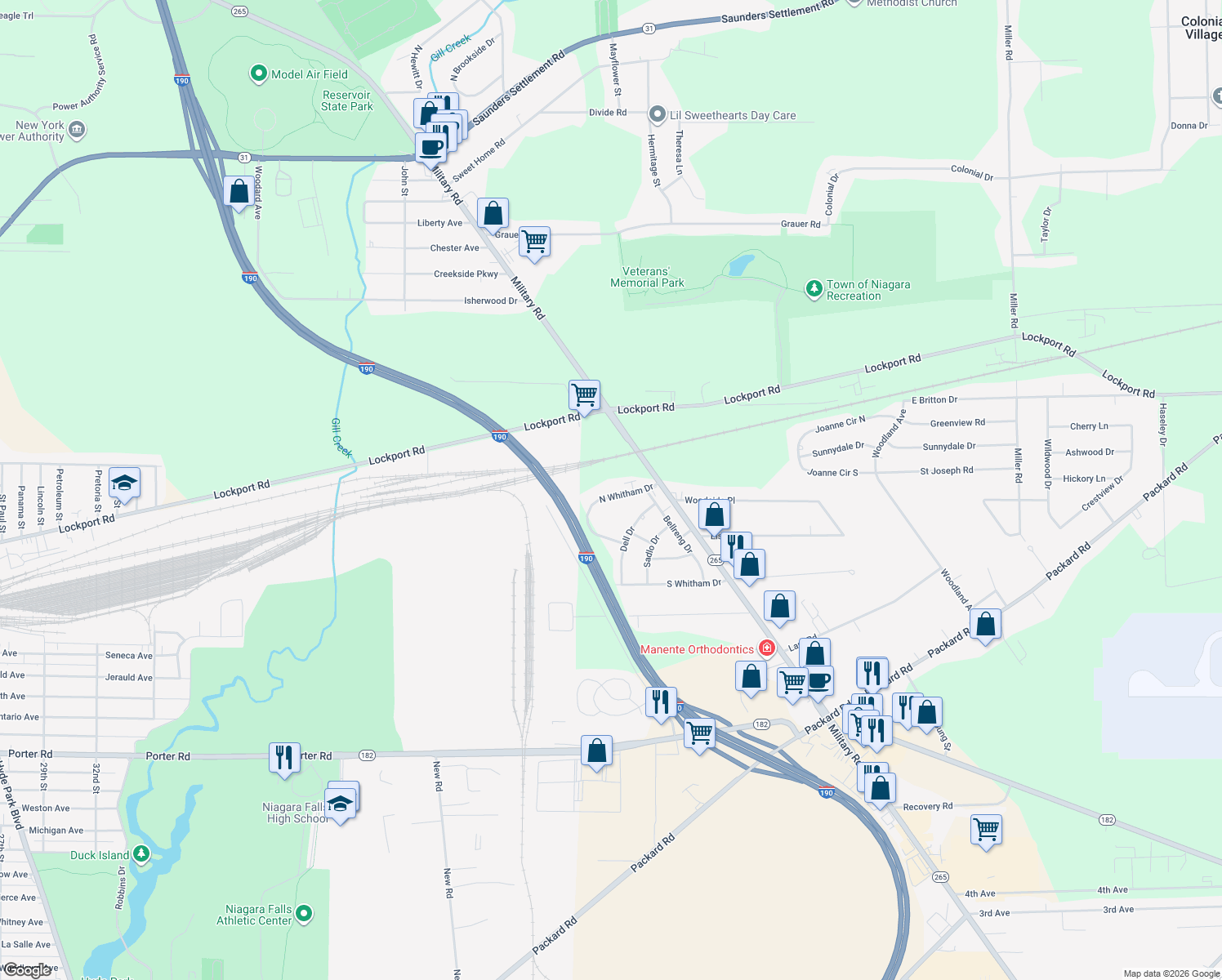map of restaurants, bars, coffee shops, grocery stores, and more near 6151 N Whitham Dr in Niagara Falls