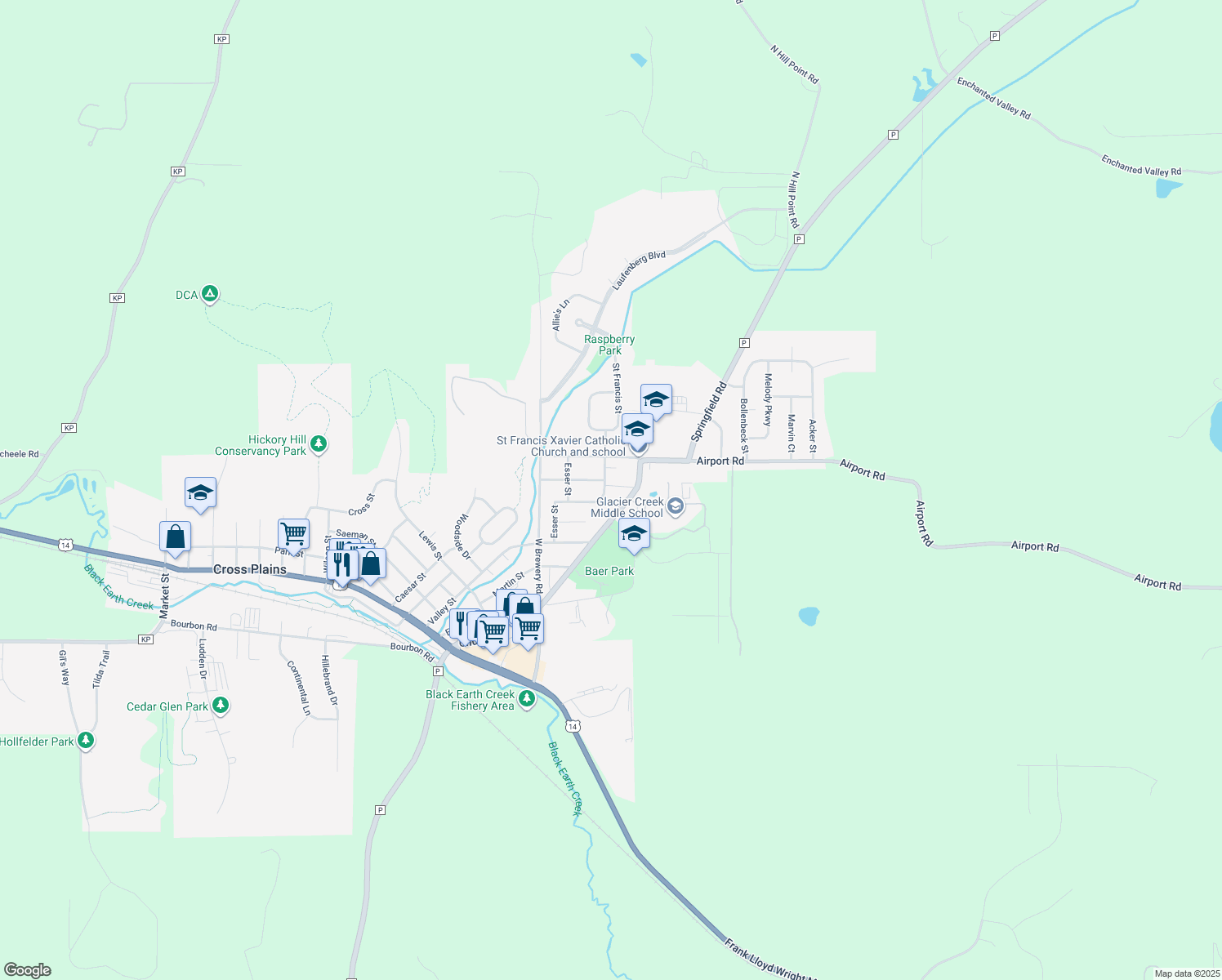 map of restaurants, bars, coffee shops, grocery stores, and more near 2804 Baer Street in Cross Plains