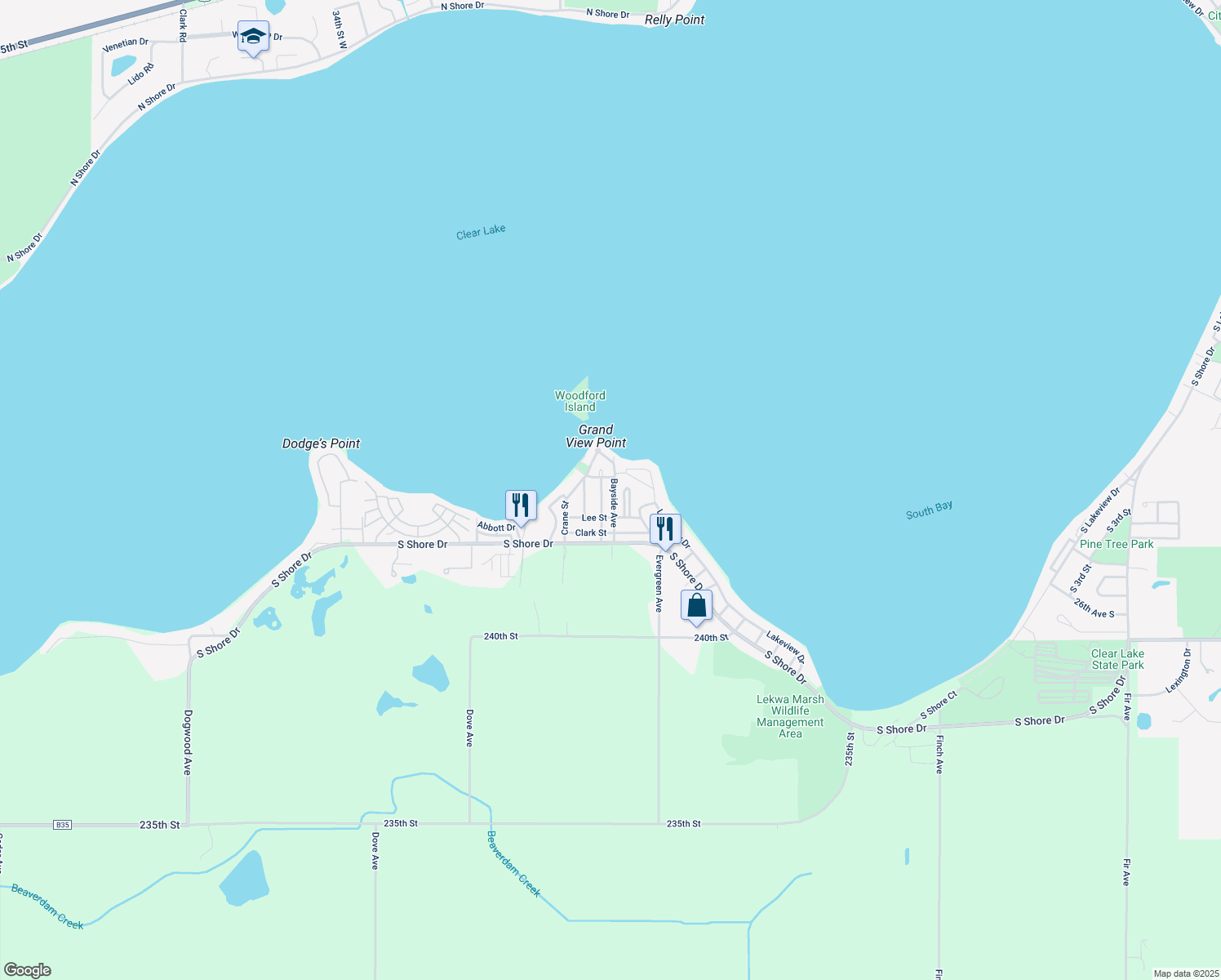 map of restaurants, bars, coffee shops, grocery stores, and more near 15386 Bayside Avenue in Clear Lake