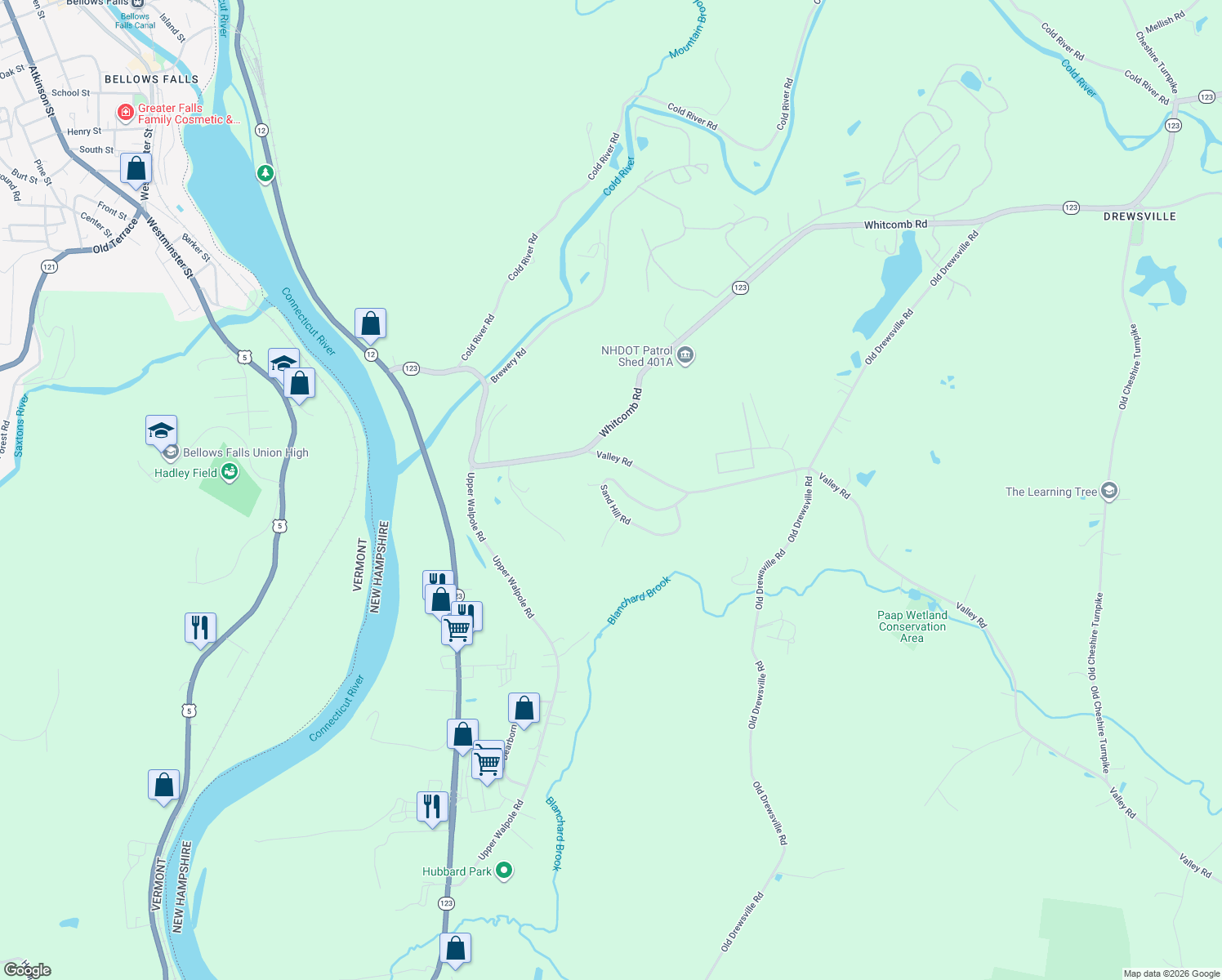 map of restaurants, bars, coffee shops, grocery stores, and more near 63 Sand Hill Road in Walpole
