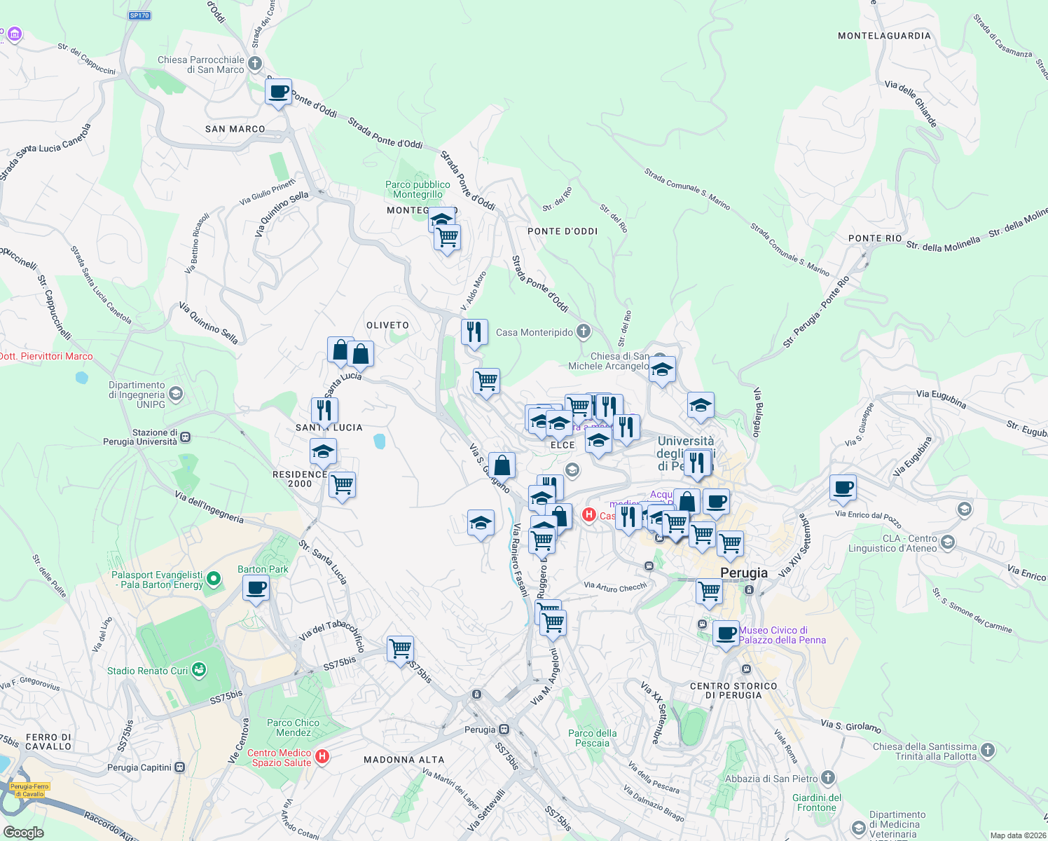 map of restaurants, bars, coffee shops, grocery stores, and more near 109 Via Annibale Vecchi in Perugia