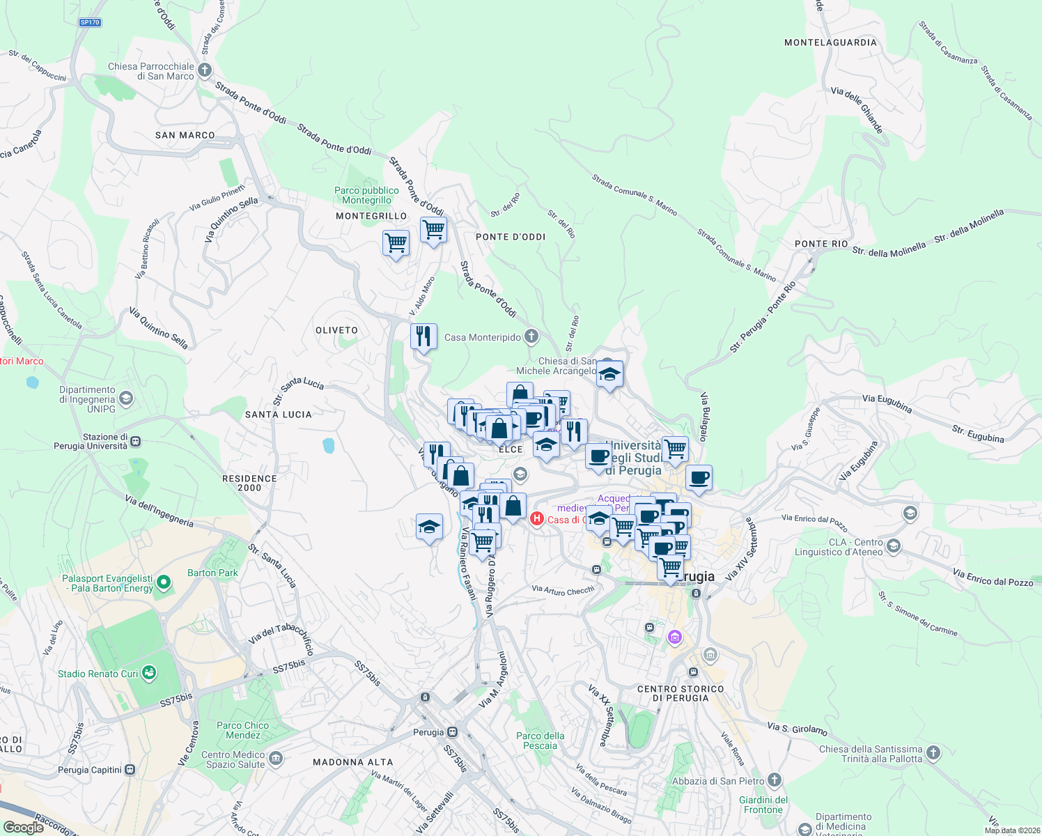 map of restaurants, bars, coffee shops, grocery stores, and more near 22-32 Via Degli Olivi in Perugia