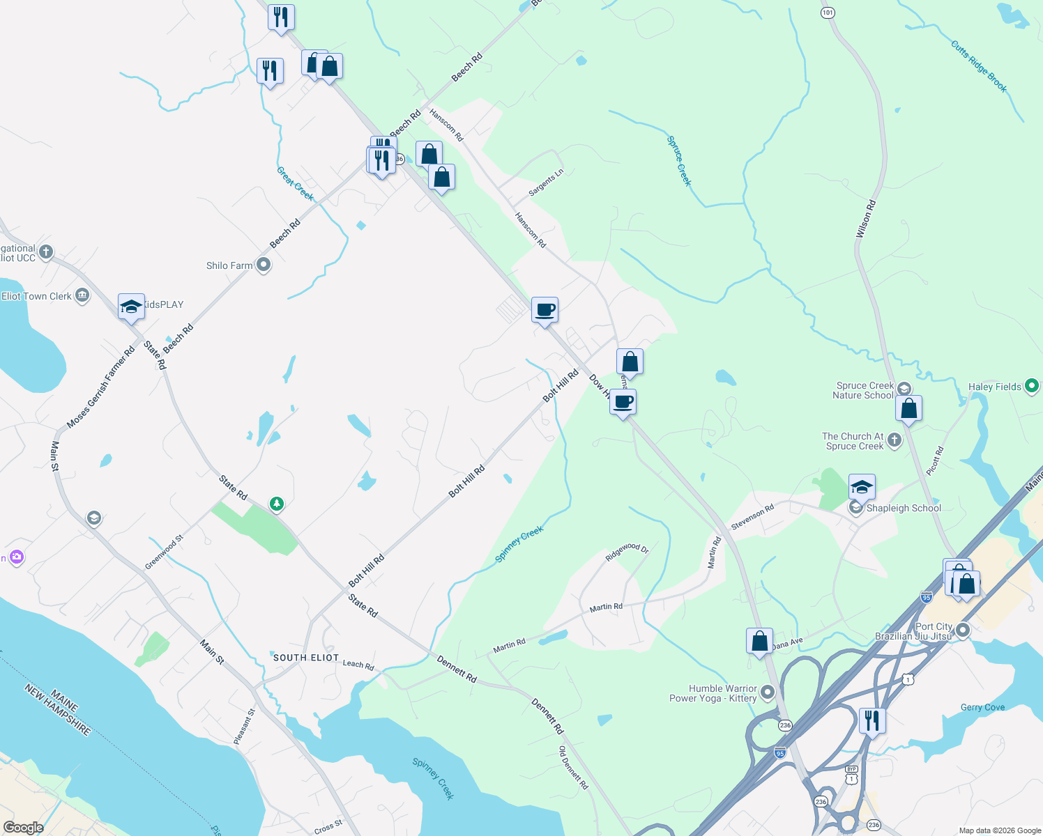 map of restaurants, bars, coffee shops, grocery stores, and more near 351 Bolt Hill Road in Eliot