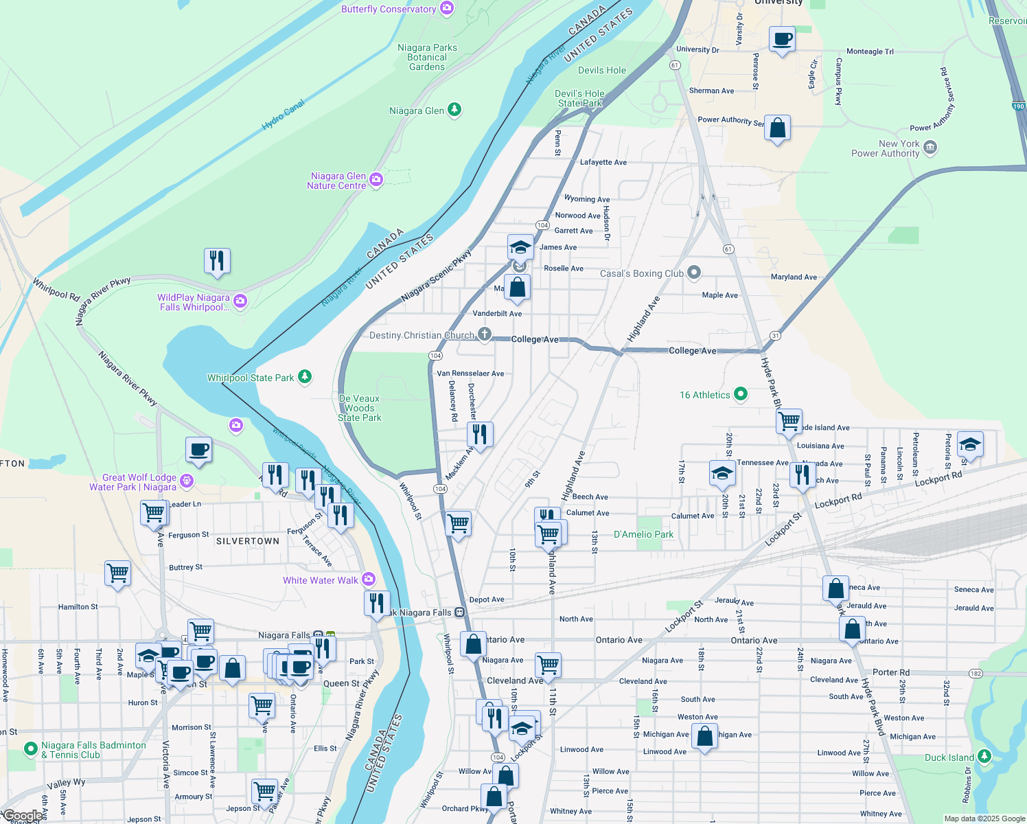 map of restaurants, bars, coffee shops, grocery stores, and more near 2992 McKoon Avenue in Niagara Falls