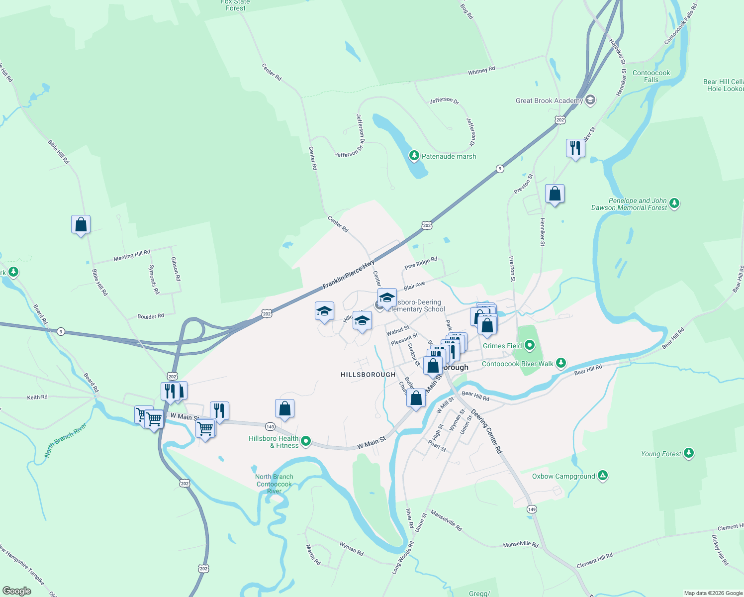 map of restaurants, bars, coffee shops, grocery stores, and more near 2 Center Road in Hillsboro