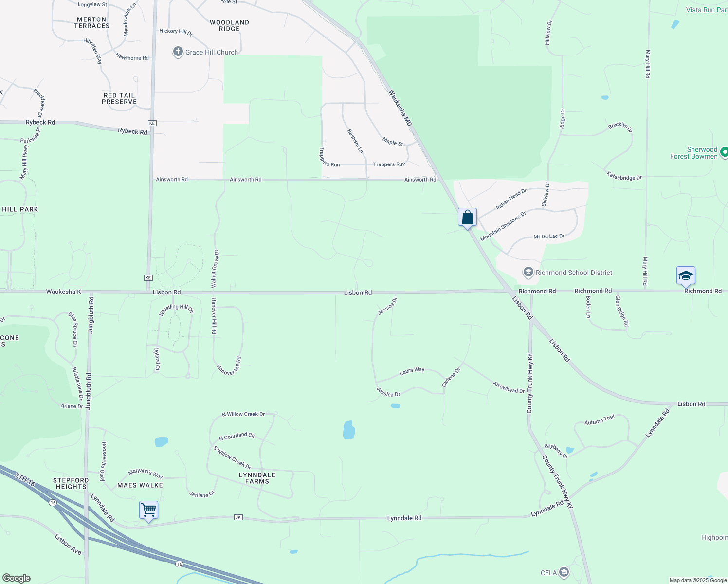 map of restaurants, bars, coffee shops, grocery stores, and more near N56W27476 Lisbon Road in Sussex