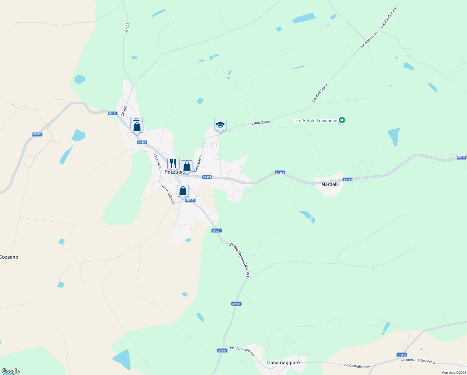 map of restaurants, bars, coffee shops, grocery stores, and more near 54 Via Nazionale in Pozzuolo