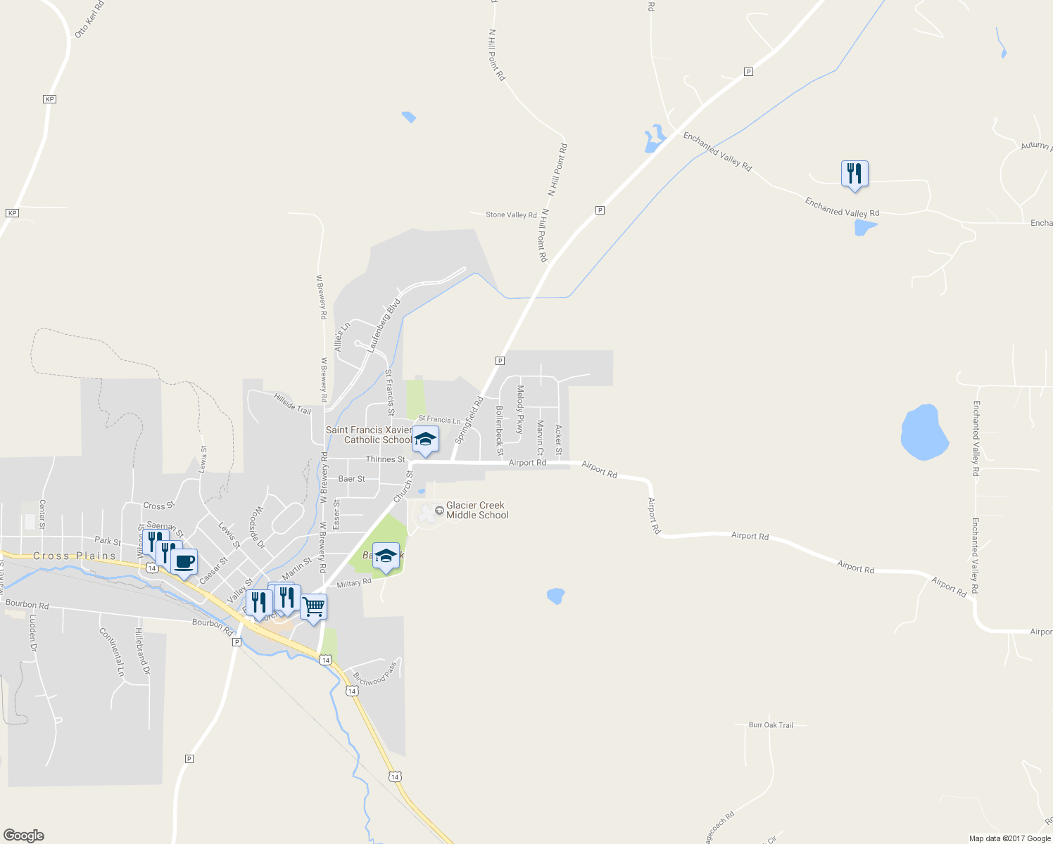 map of restaurants, bars, coffee shops, grocery stores, and more near 3036 Melody Parkway in Cross Plains