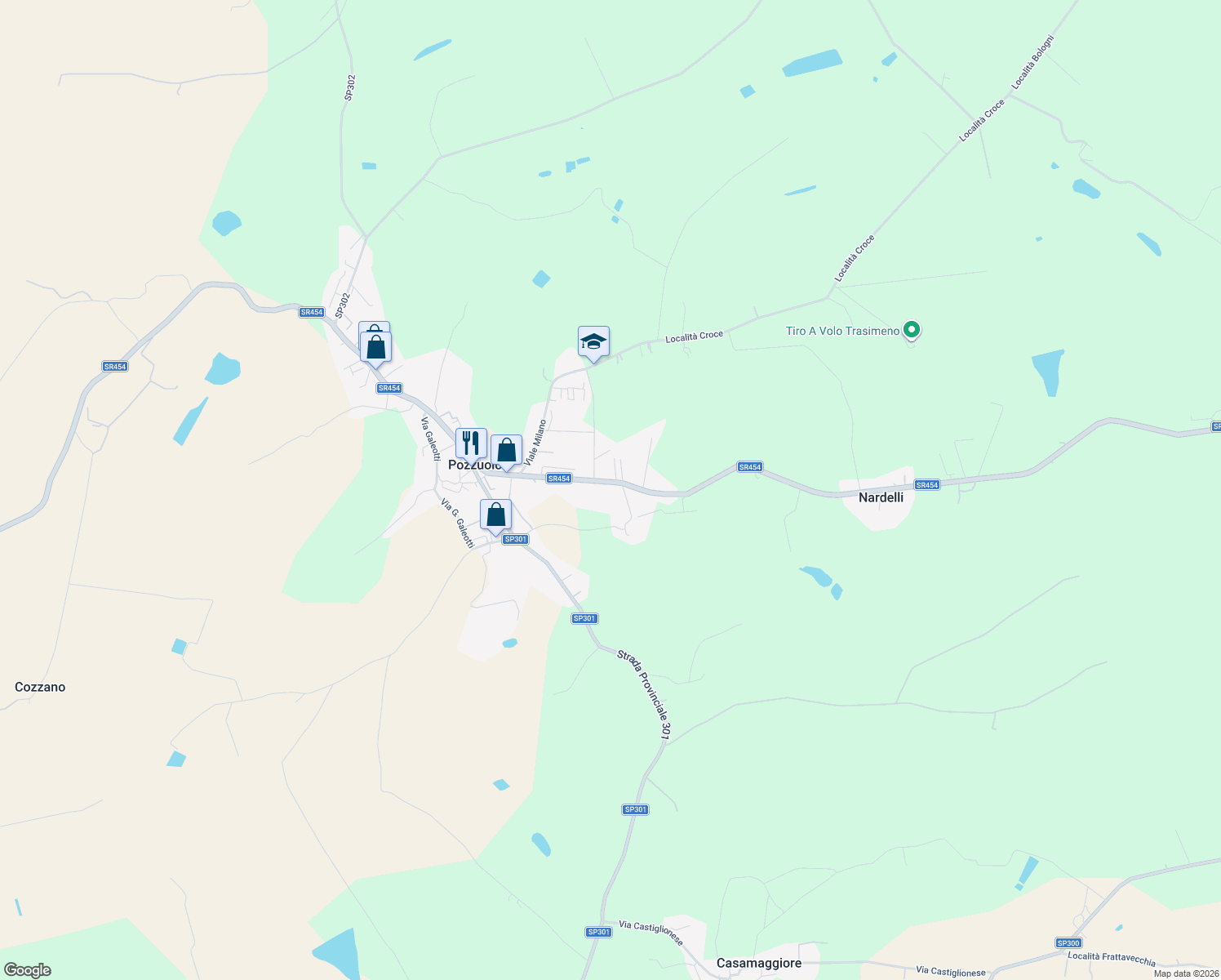 map of restaurants, bars, coffee shops, grocery stores, and more near 54 Via Nazionale in Pozzuolo